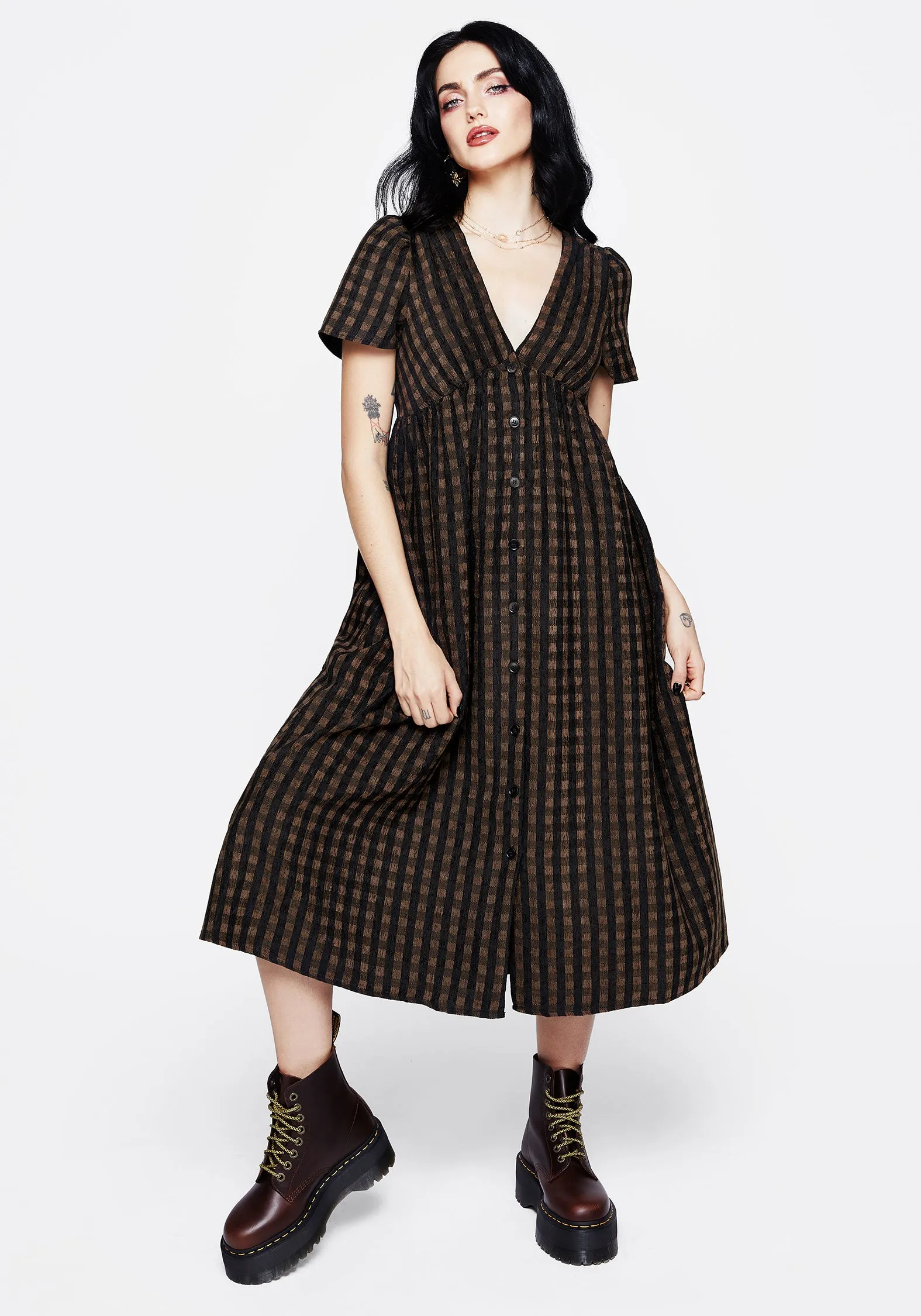 Rydal Check Button Up Midi Dress - Brown Field Glow