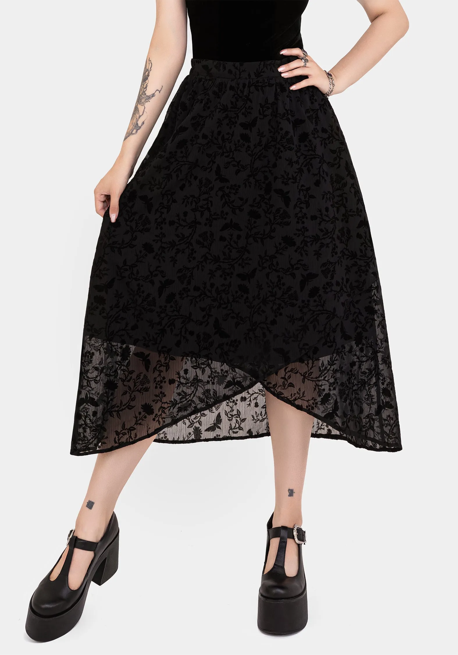 A Line Silhouette Easy Vibe Faustina Flocked Chiffon Mock Wrap Midaxi Skirt
