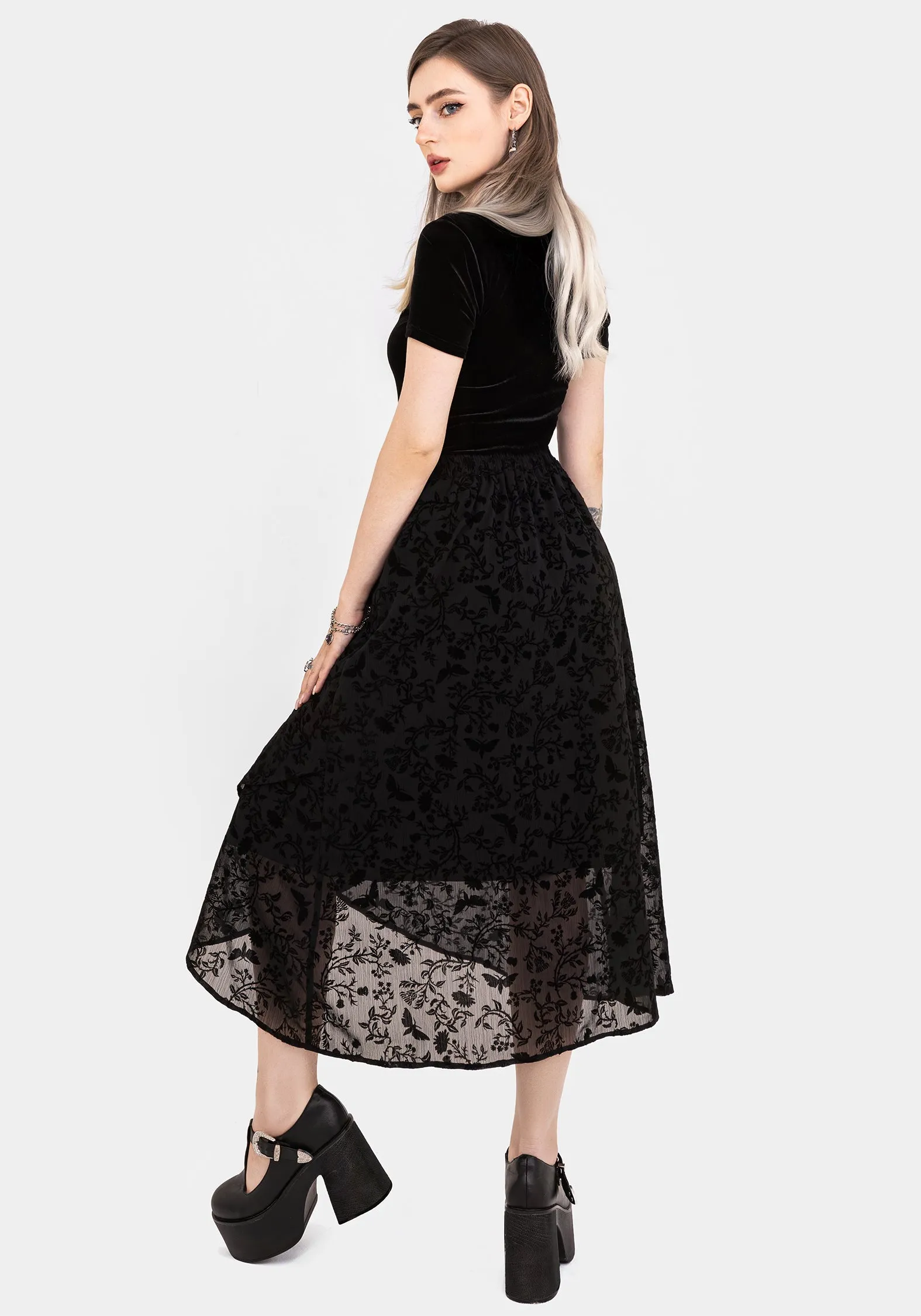 Creative Fashion Faustina Flocked Chiffon Mock Wrap Midaxi Skirt