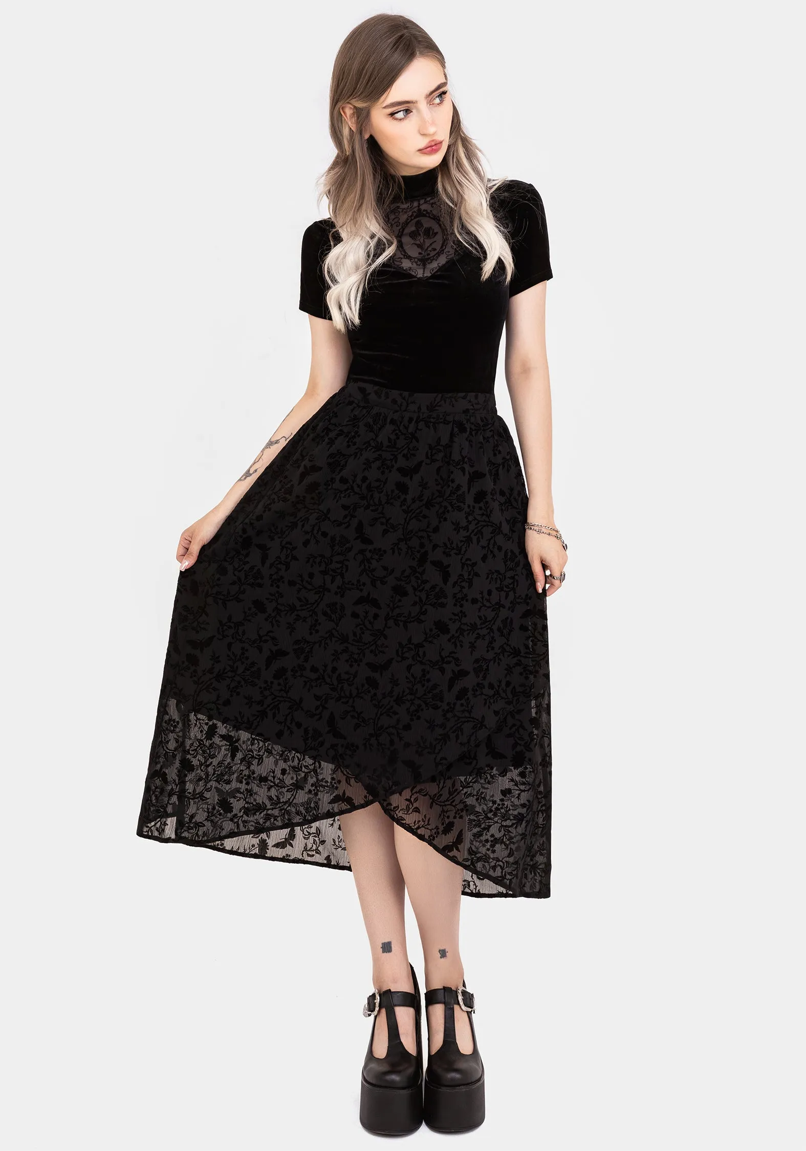 Subtle Detail Faustina Flocked Chiffon Mock Wrap Midaxi Skirt