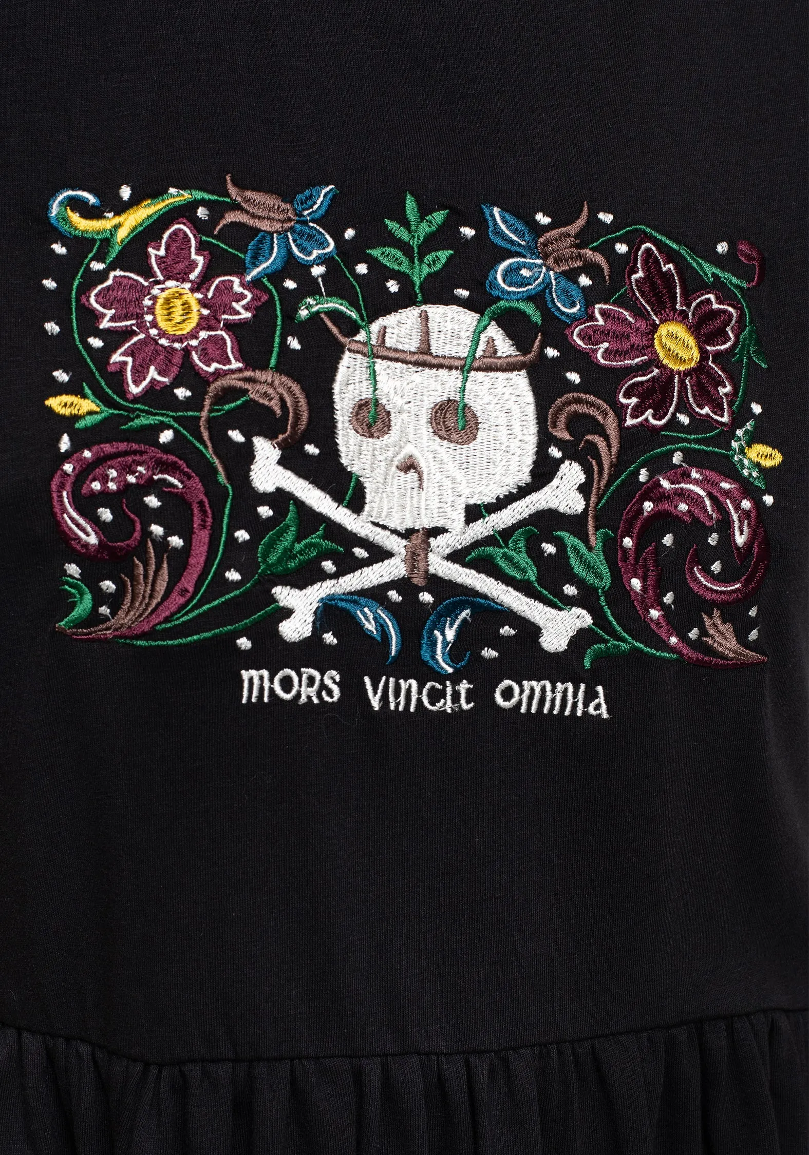 Death Conquers All Floral Skull Embroidered Mini Skater Dress Fall Fashion