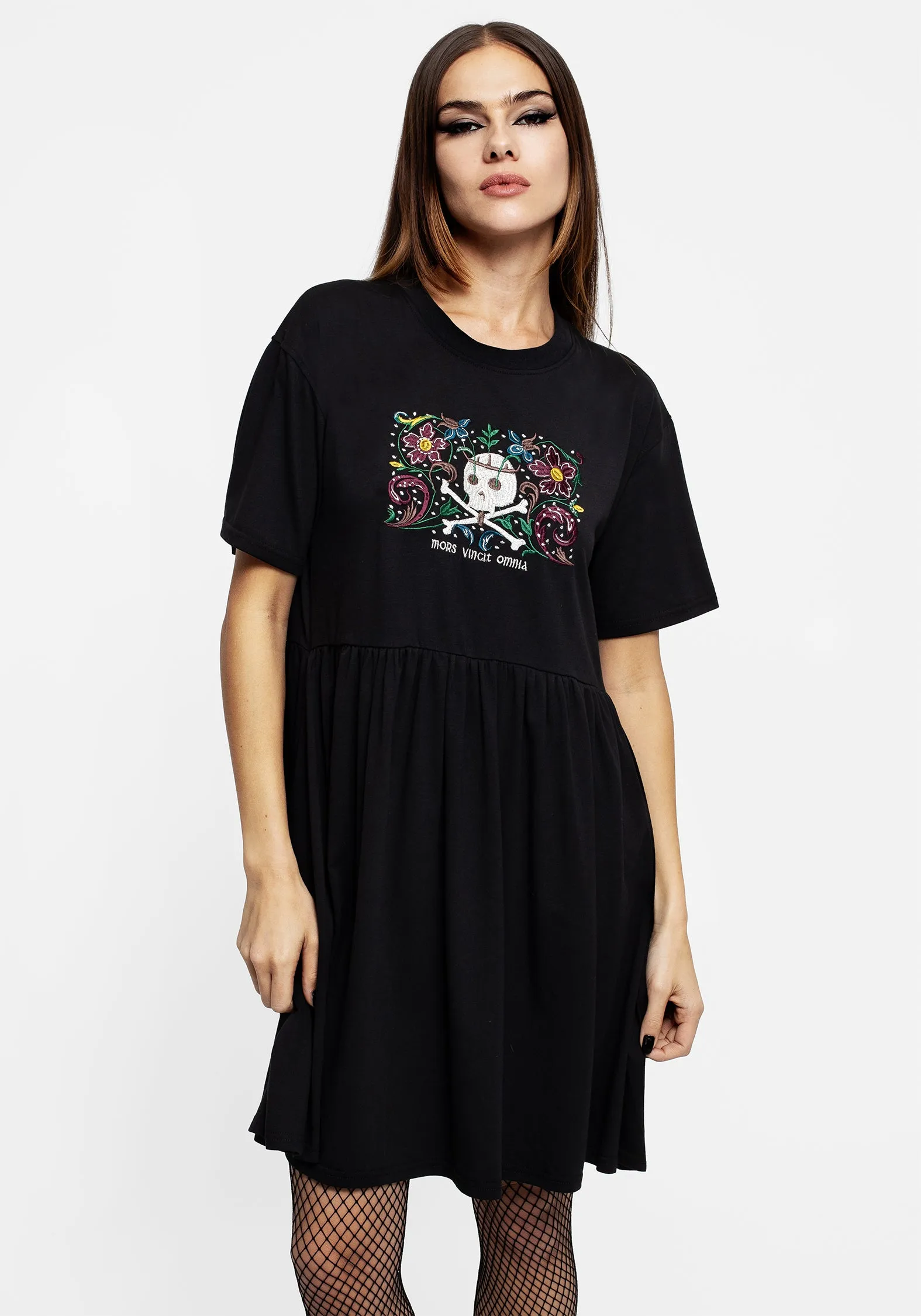 Timeless and Comfortable Elegant Silhouette Death Conquers All Floral Skull Embroidered Mini Skater Dress