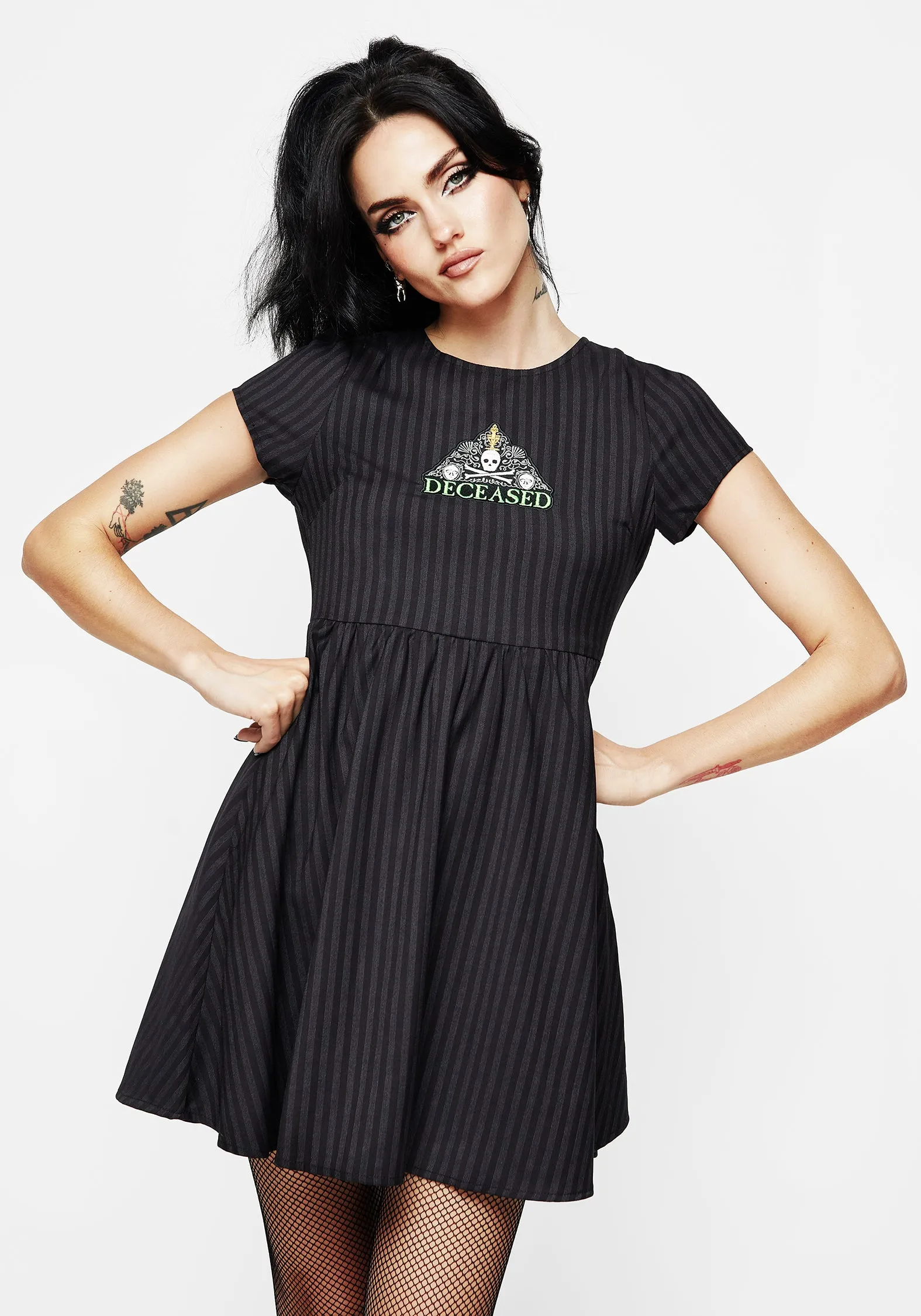 High Neck Luxe Appeal Deceased Embroidered Striped Mini Skater Dress