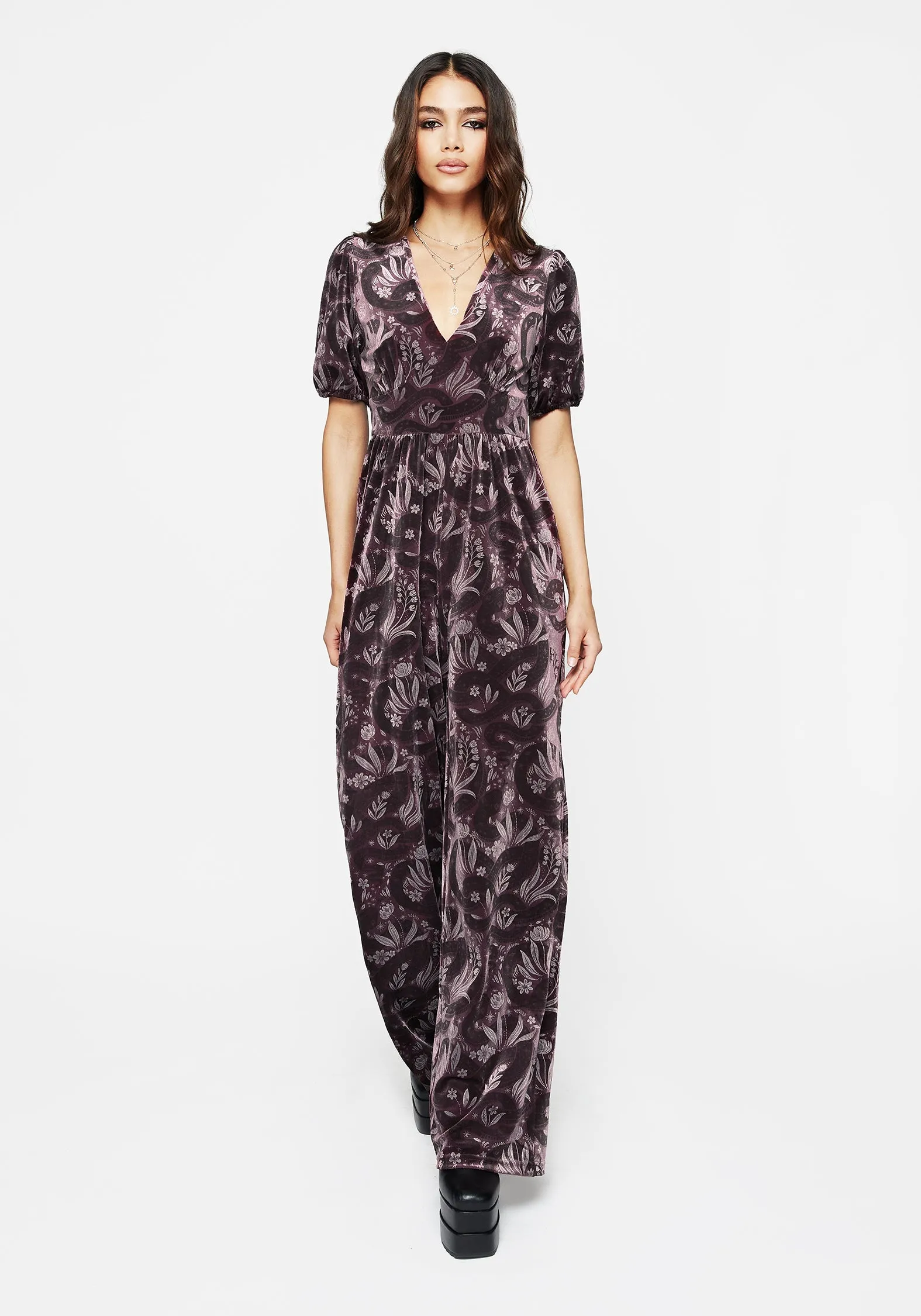 Casual Picnic Bold Youth Deception Snake Foil Print Velour Jumpsuit