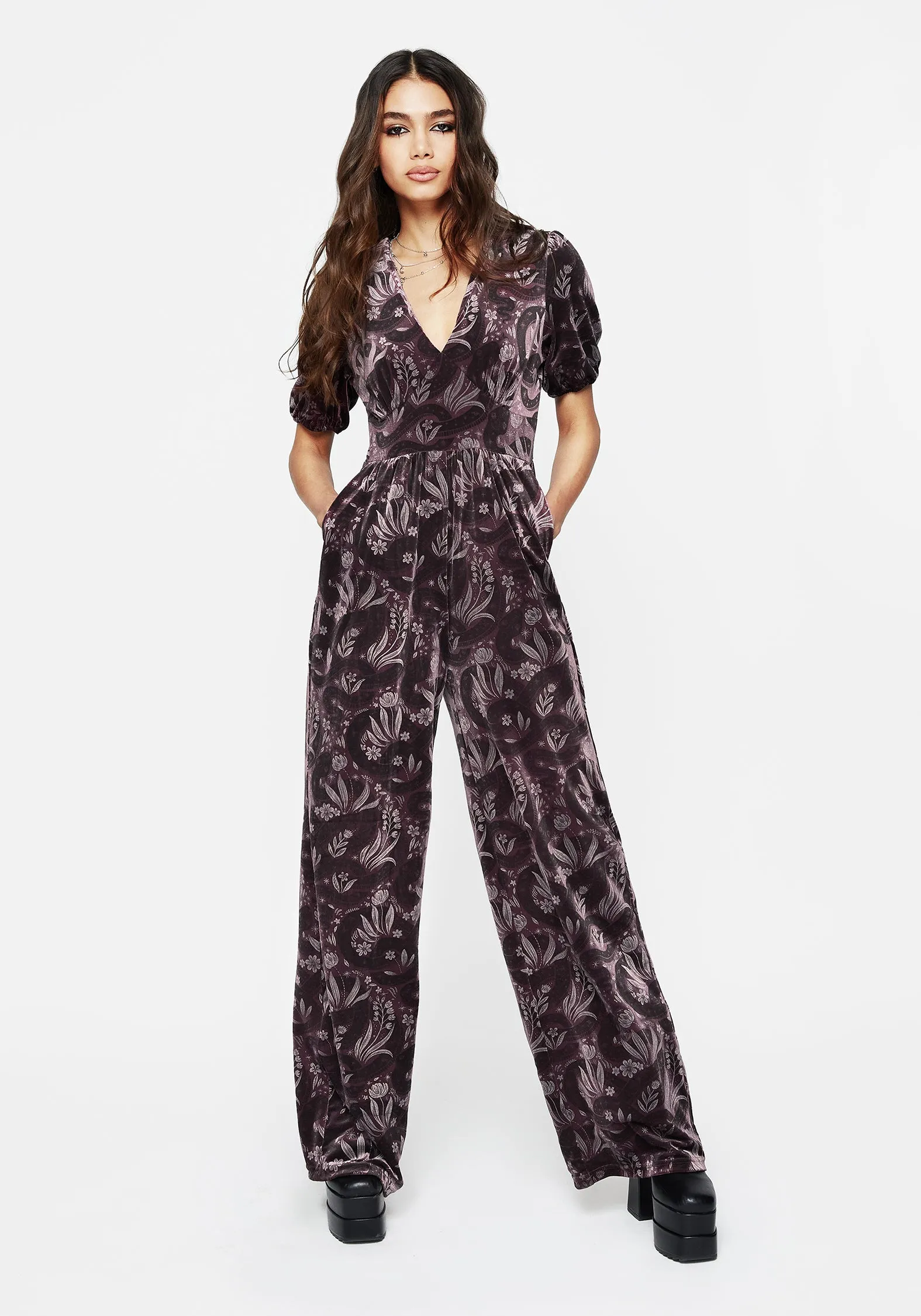 Deception Snake Foil Print Velour Jumpsuit Picnic Work Sporty Event