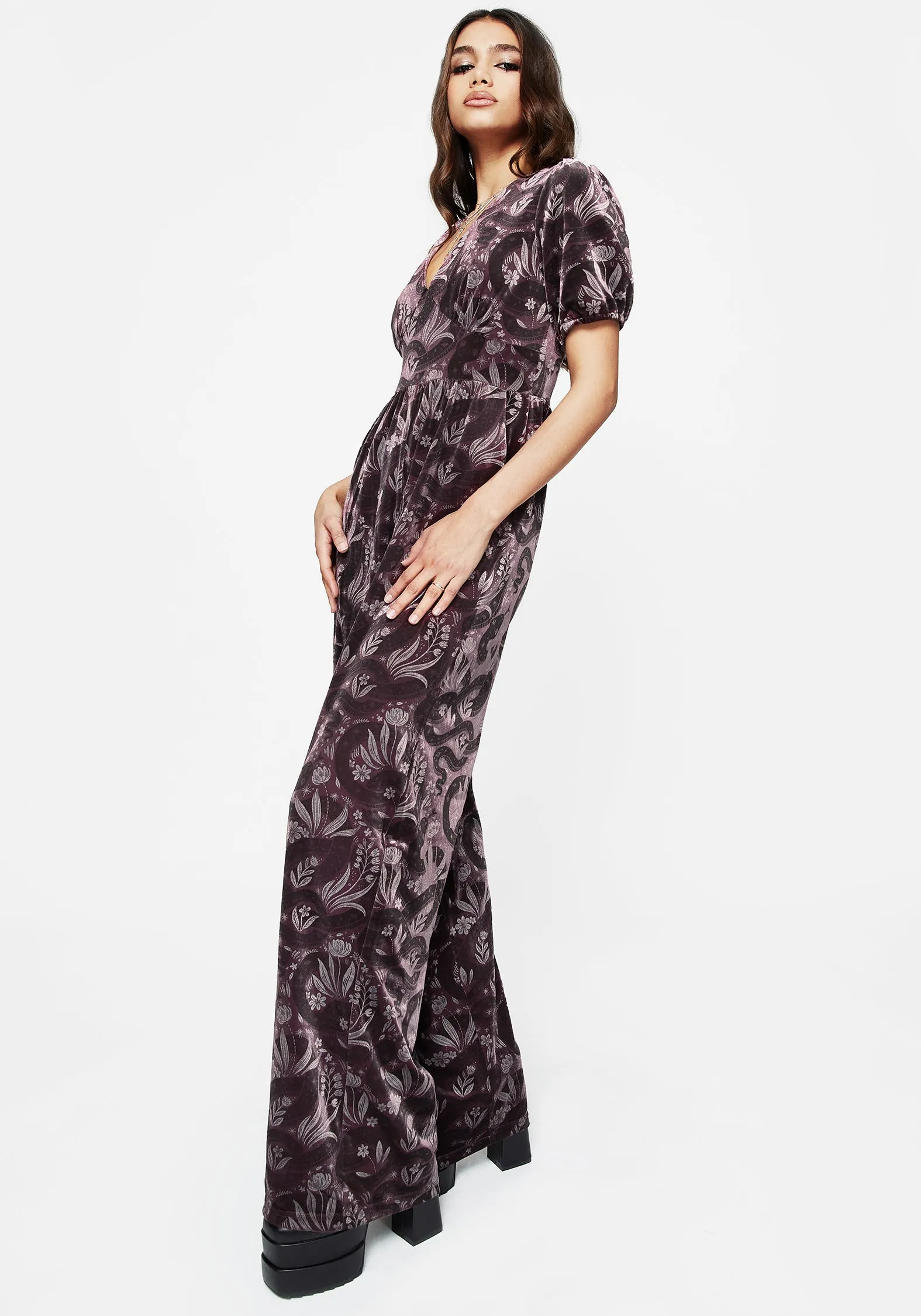 Versatile Festival Deception Snake Foil Print Velour Jumpsuit