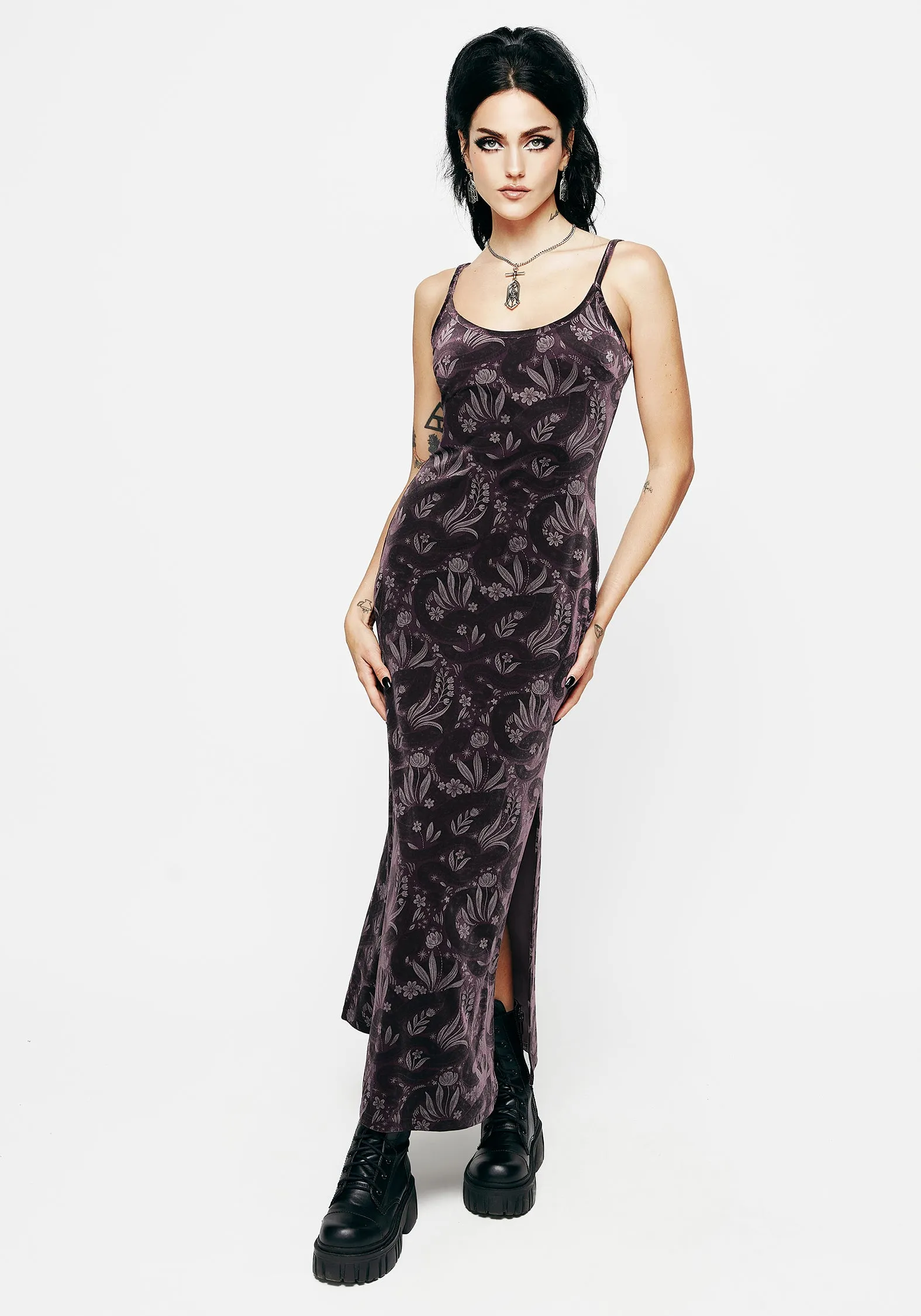 Layerable Piece Polished Finish Deception Snake Foil Print Velour Maxi Slip Gown