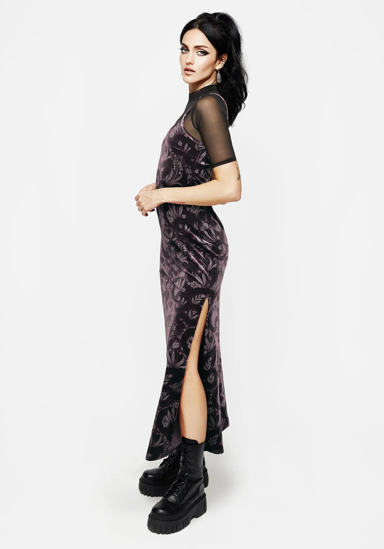 Deception Snake Foil Print Velour Maxi Slip Gown Cinched-Waist