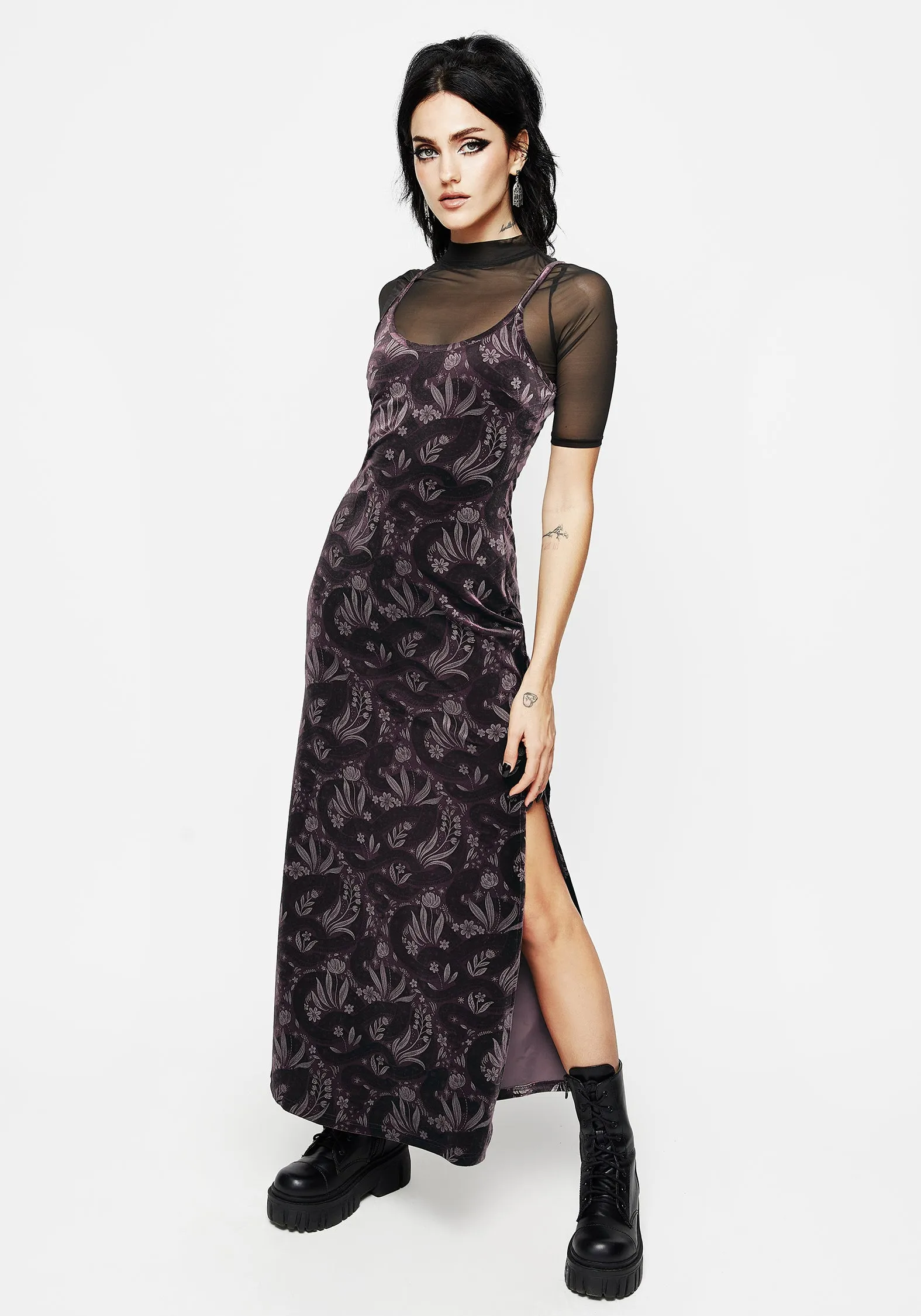 Daily Go Deception Snake Foil Print Velour Maxi Slip Gown