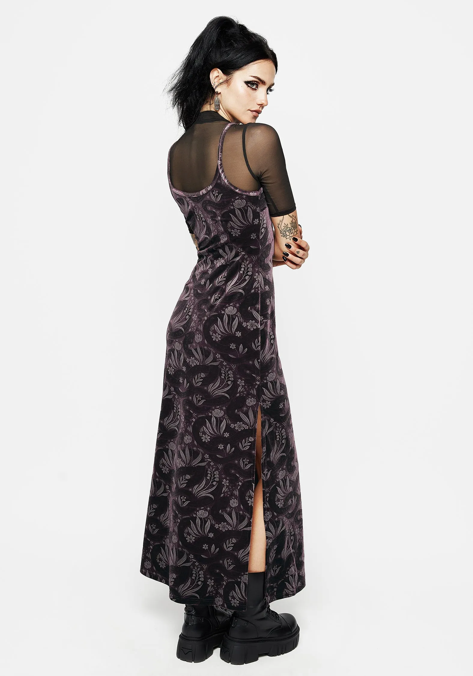 Deception Snake Foil Print Velour Maxi Slip Gown Flower Grace Sleek Tone