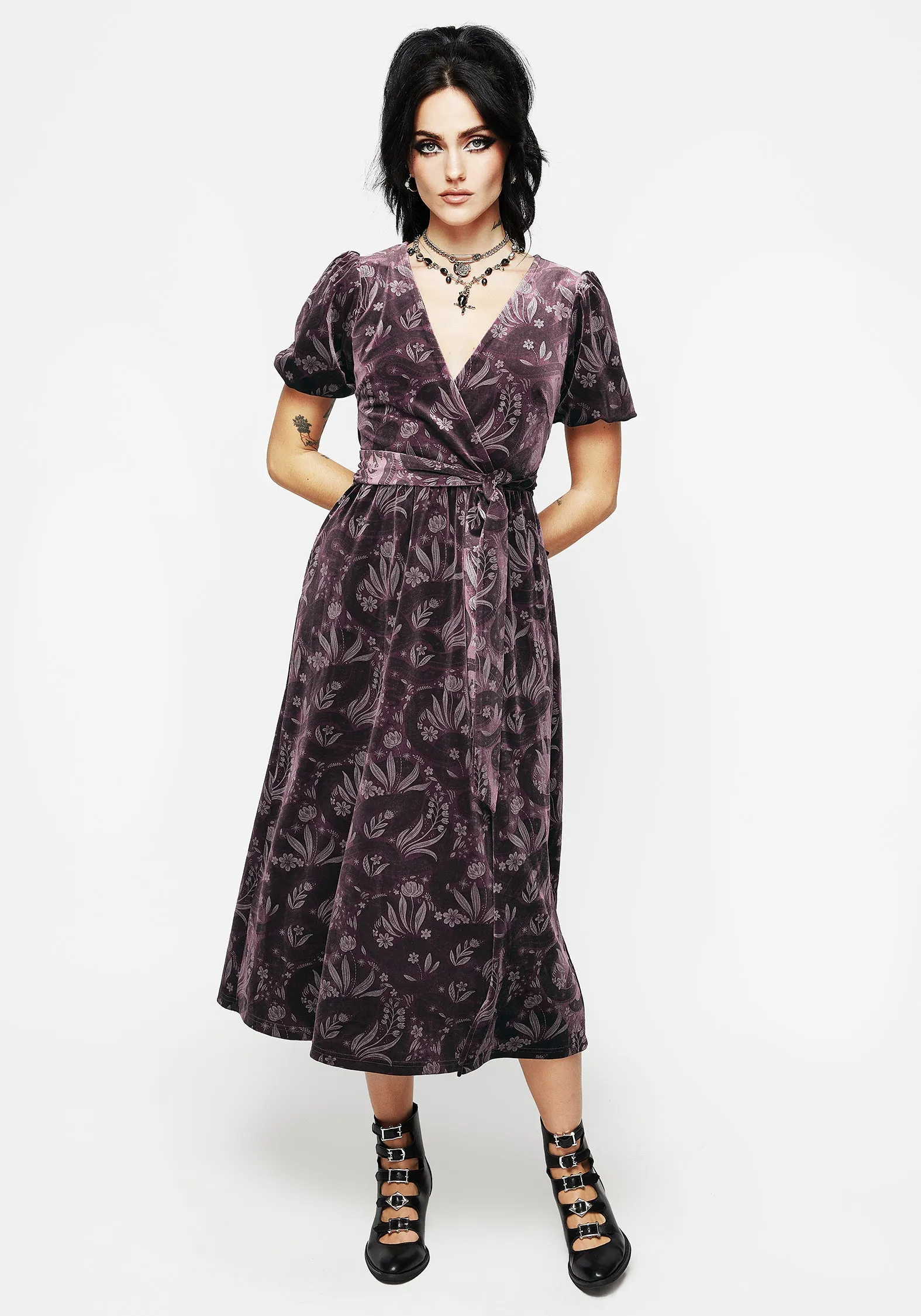 Deception Snake Foil Print Velour Midi Wrap Dress Breezy and lightweight midi Plaza Walk