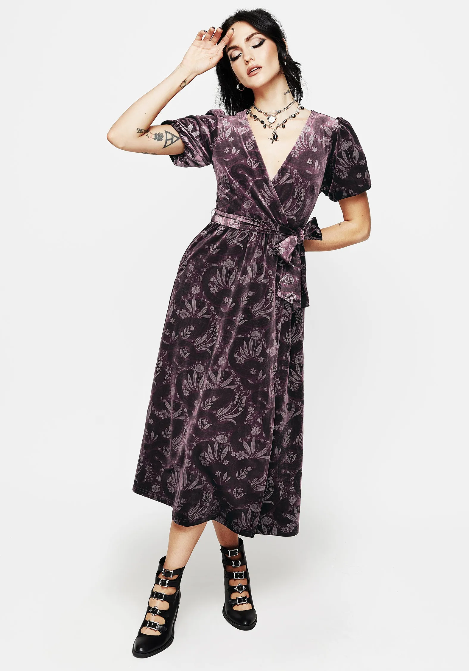Versatile Mood plus-size Deception Snake Foil Print Velour Midi Wrap Dress