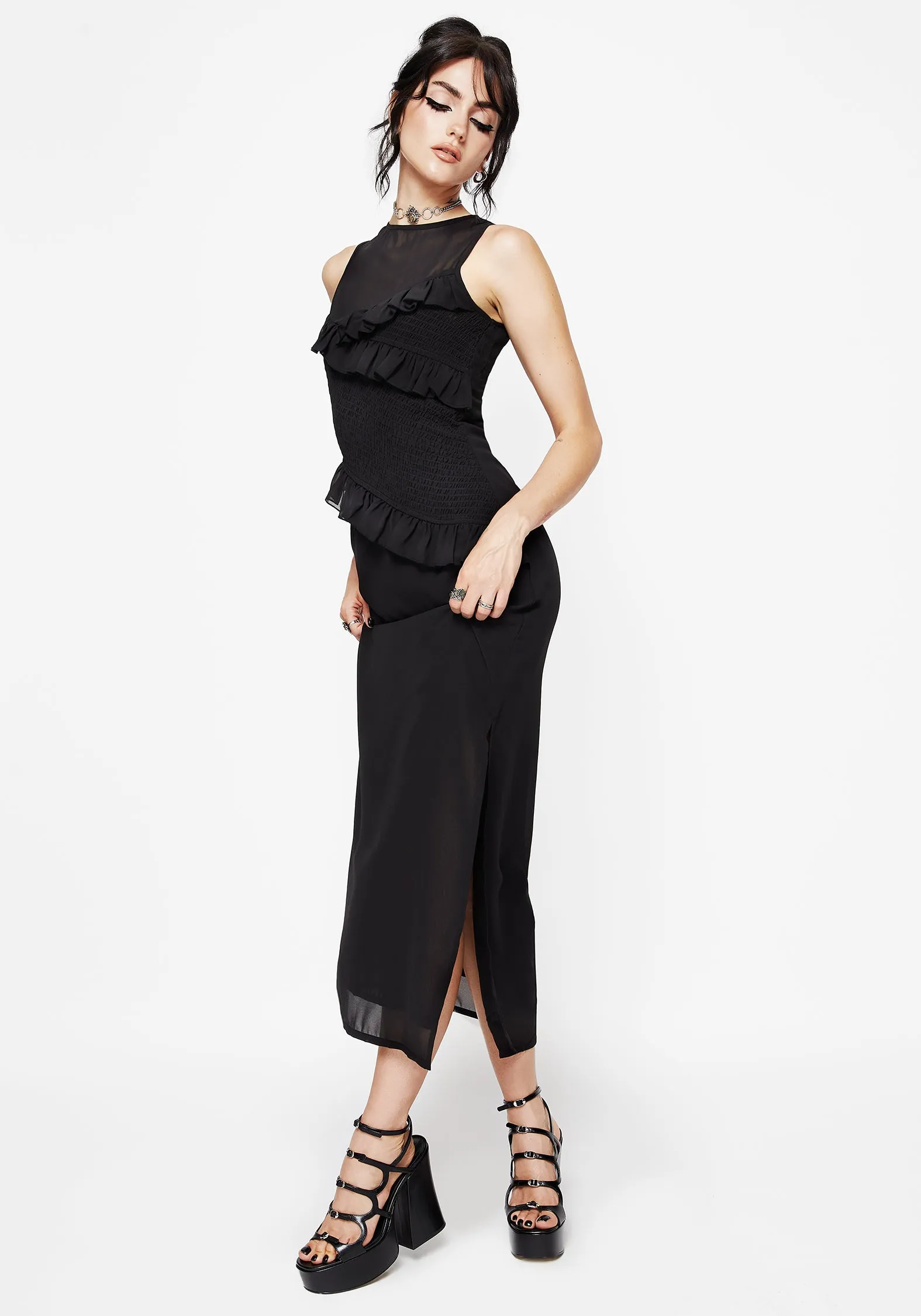 Reflections Black Frill Detail Sleeveless Maxi Dress The flowing design of this dress ensures freedom of movement while looking sophisticated