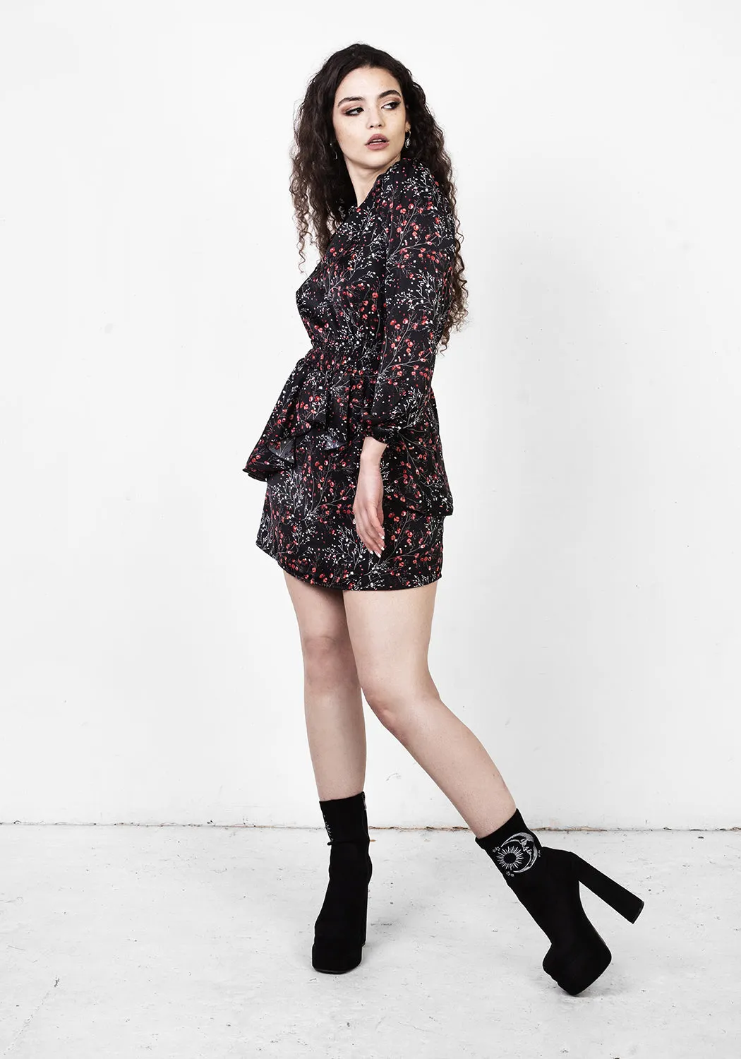 Chic Layering Calm Aesthetic ROSETEARS FRILL PEPLUM MINI DRESS