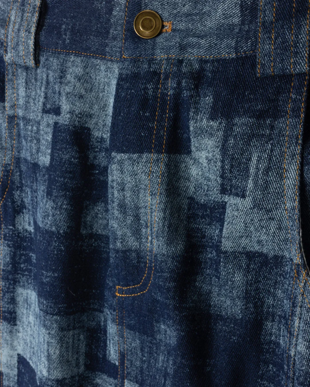 Denim Printed Straight Skirt Rolled Hem Stretchy