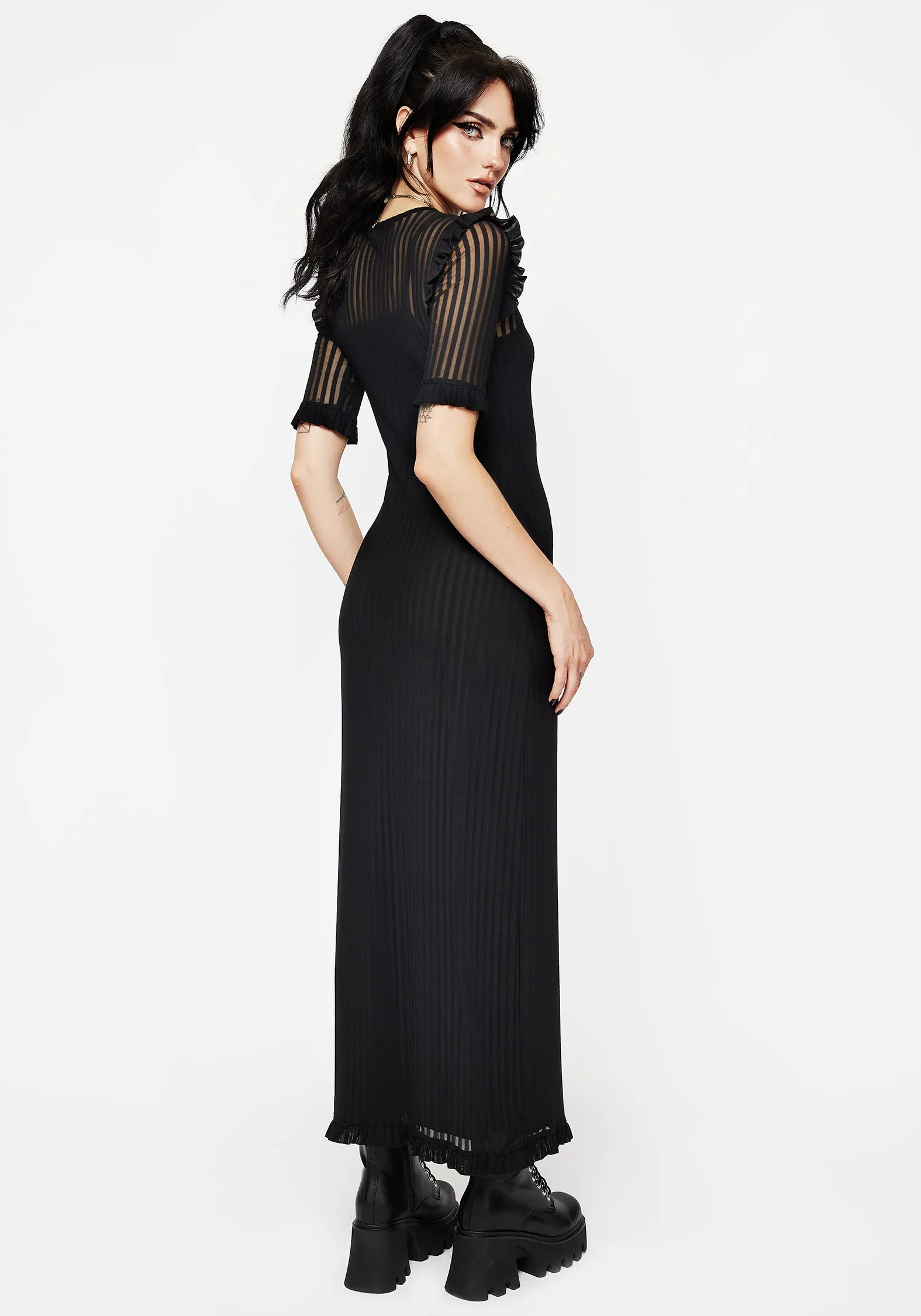 Mourning Ruffle Detail Mesh Short Sleeve Maxi Dress Elegant formal affair gown