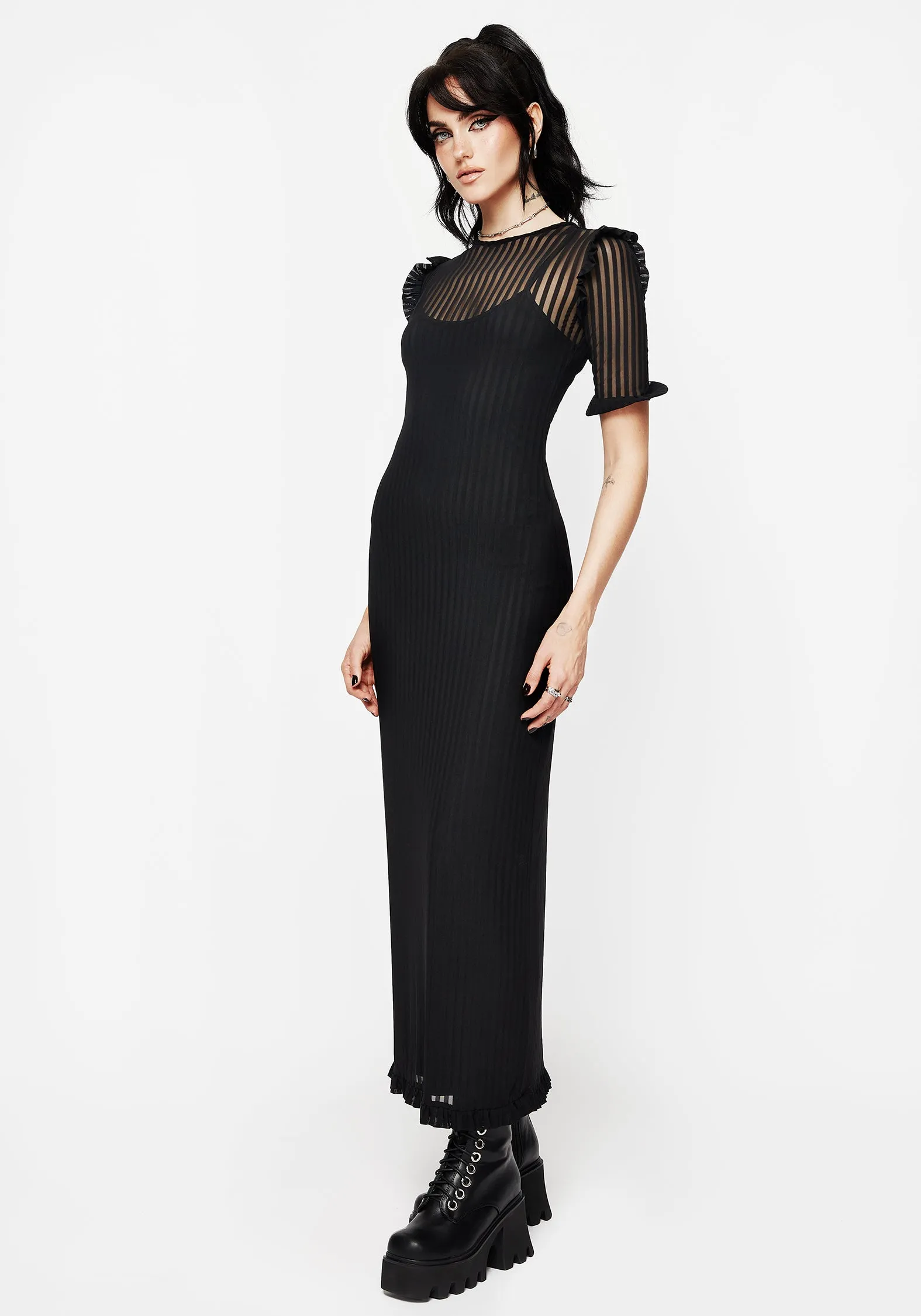 Grace Color Minimal Details Mourning Ruffle Detail Mesh Short Sleeve Maxi Dress