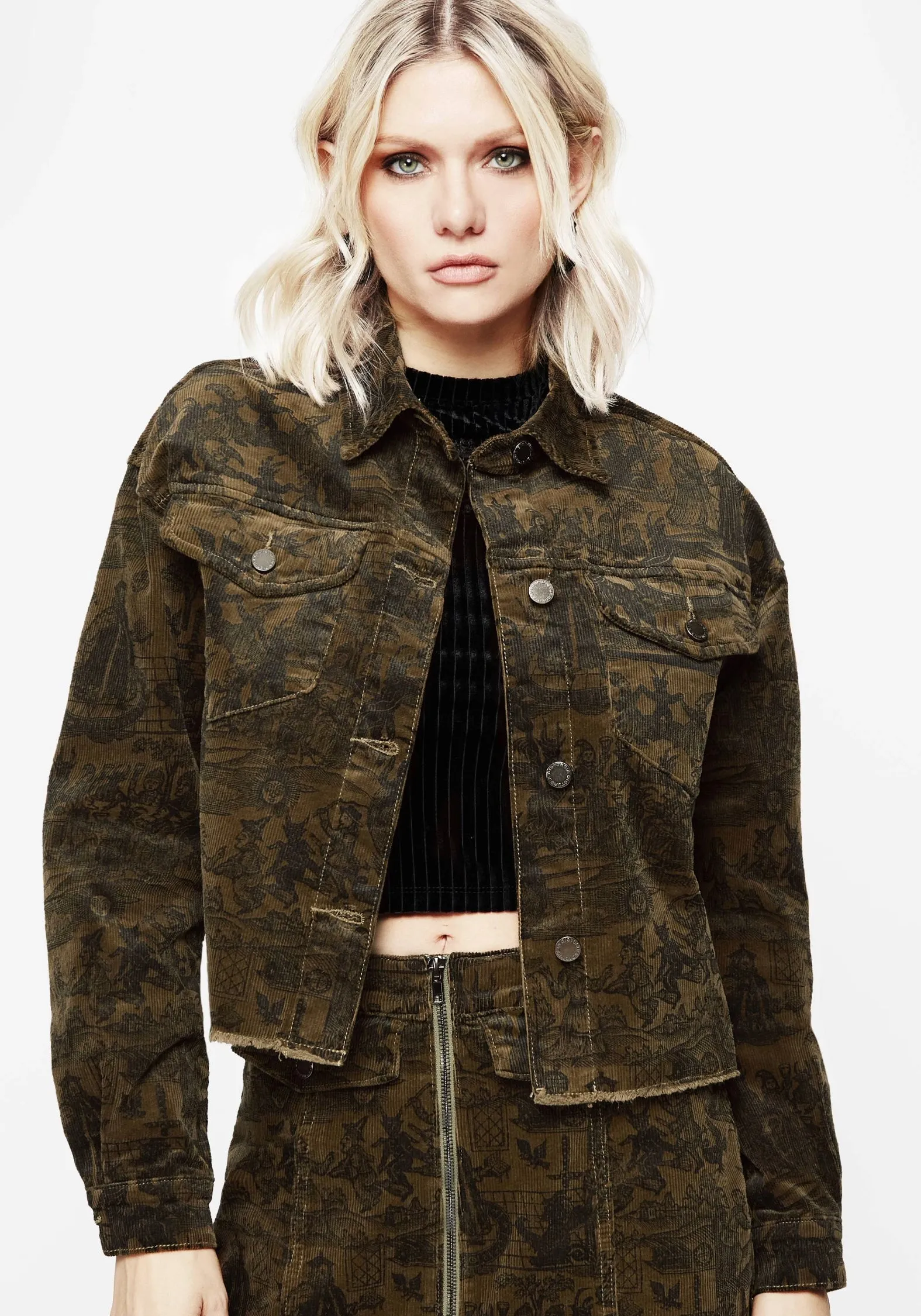 Diabolical Cord Woodcut Print Crop Shacket Wind Shield