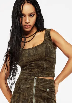 wrinkle free finish Diabolical Cord Woodcut Print Zip Corset Top