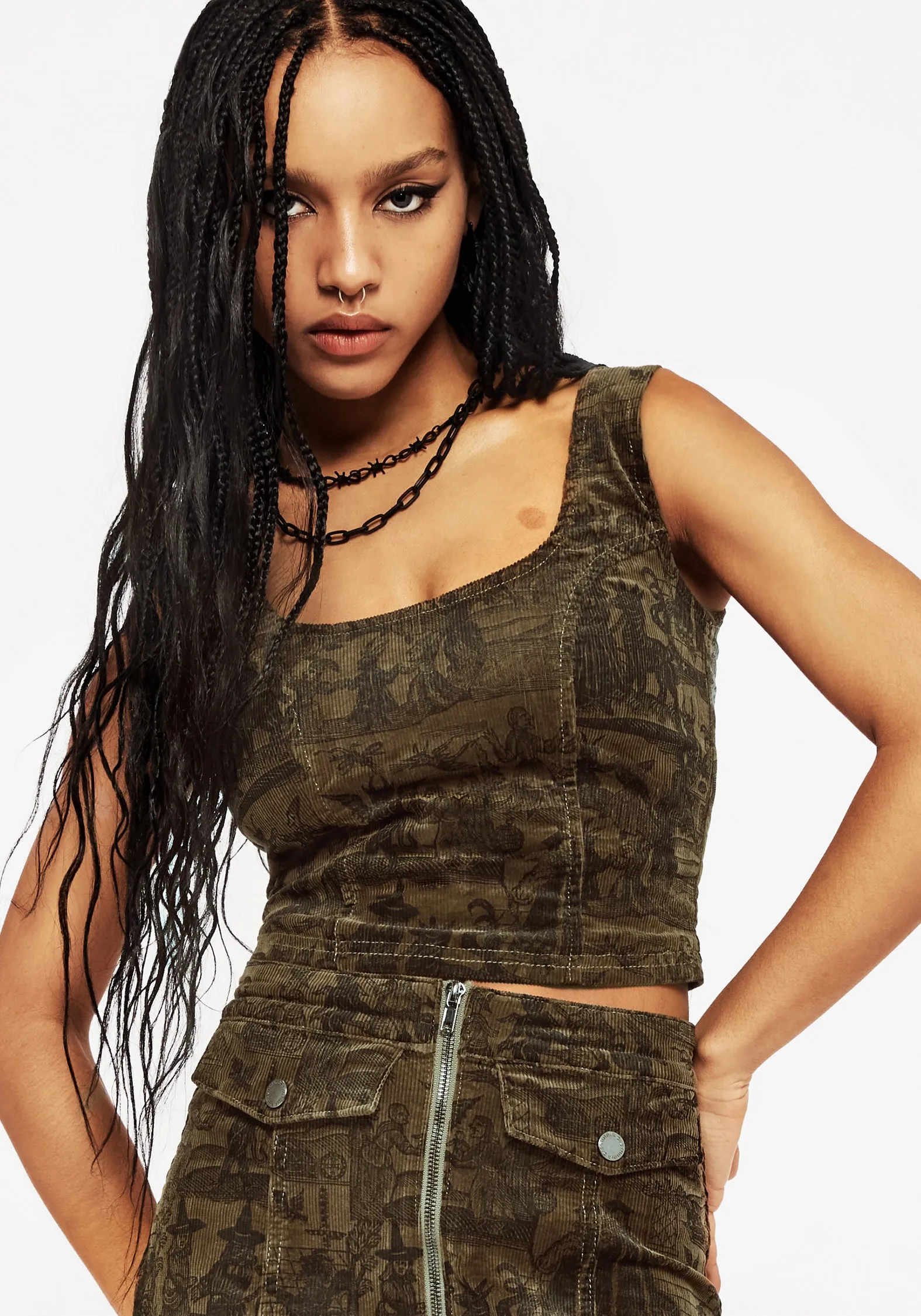 Diabolical Cord Woodcut Print Zip Corset Top Activewear Top