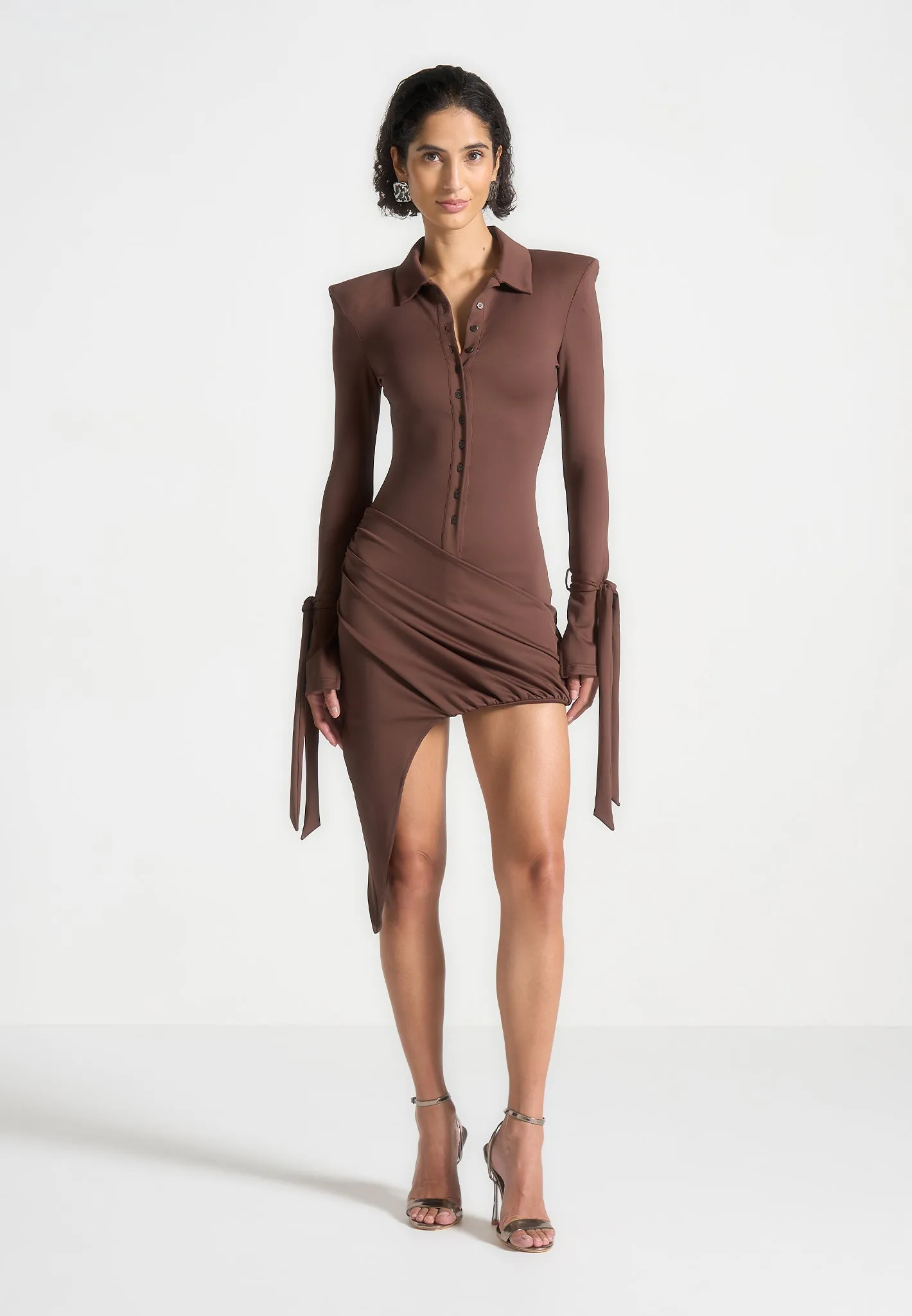 Diane - Draped Asymmetric Mini Dress - Brown Feminine Movement