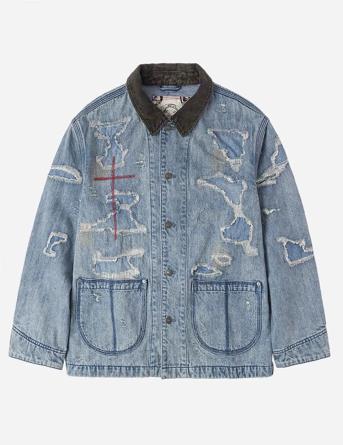 Distressed Fashion Fit Denim Jacket ArticulatedElbowShaping SeamFree Knitting