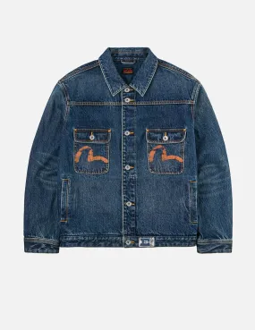 Distressed Seagull Print and Frayed Logo Patch Embroidery Relax Fit Denim Jacket DurableZipper