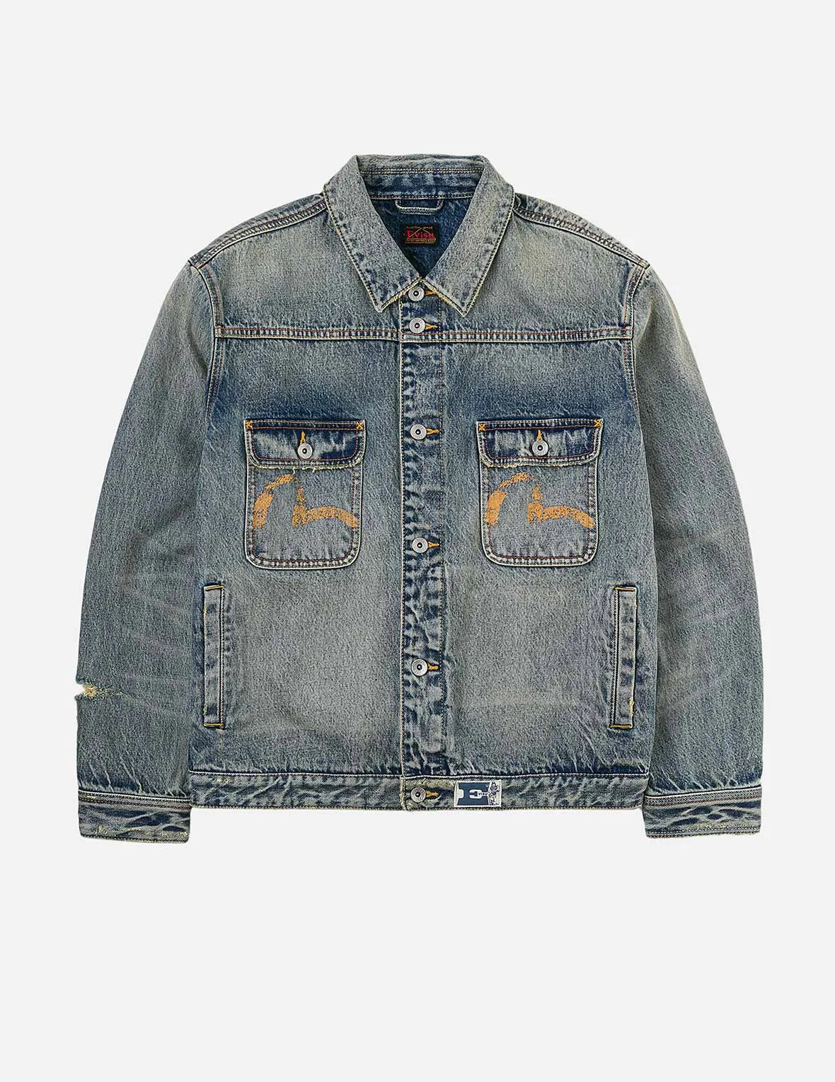Distressed Seagull Print and Frayed Logo Patch Embroidery Relax Fit Denim Jacket Sun Protective Fabric Eco Friendly Dye Process