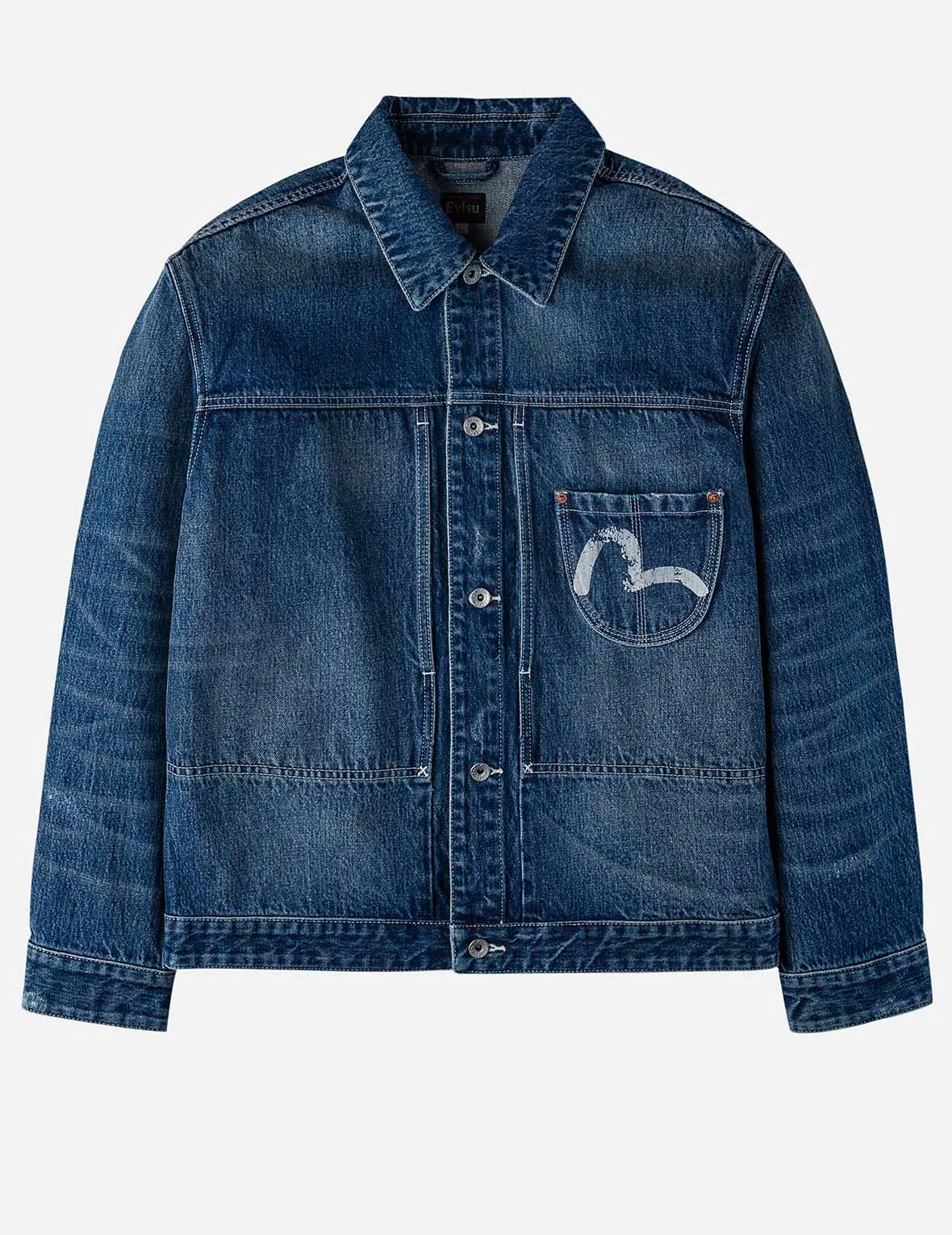 Distressed Seagull Print Relax Fit Vintage Washed Denim Jacket YarnDye Technique