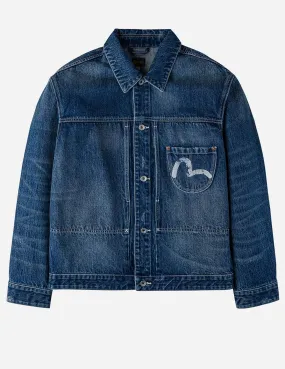 Layered Sleeve EcoCertified Material Distressed Seagull Print Relax Fit Vintage Washed Denim Jacket