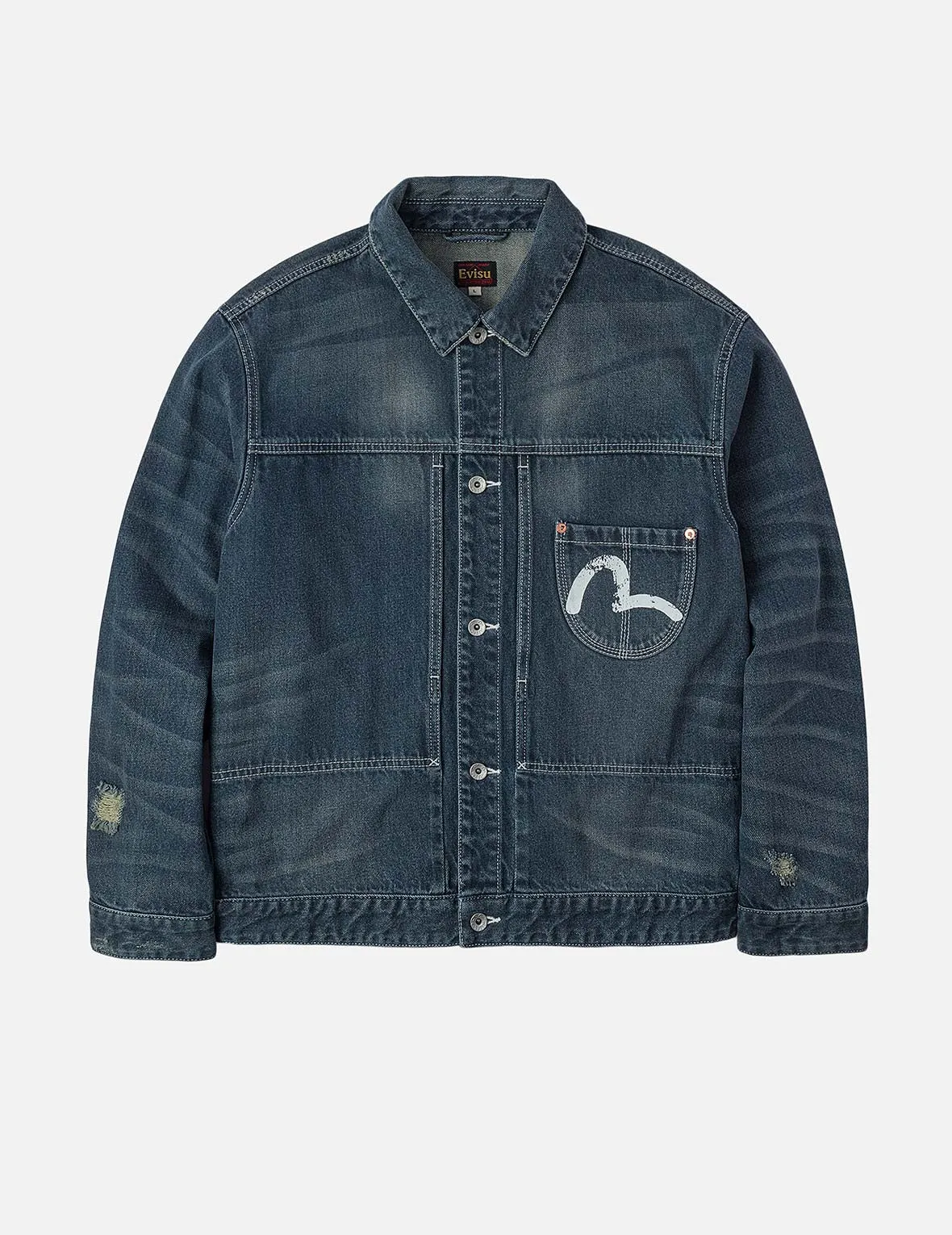 Non Chafing Side Seams Sustainable Cotton Distressed Seagull Print Relax Fit Washed Seagull Pocket Denim Jacket