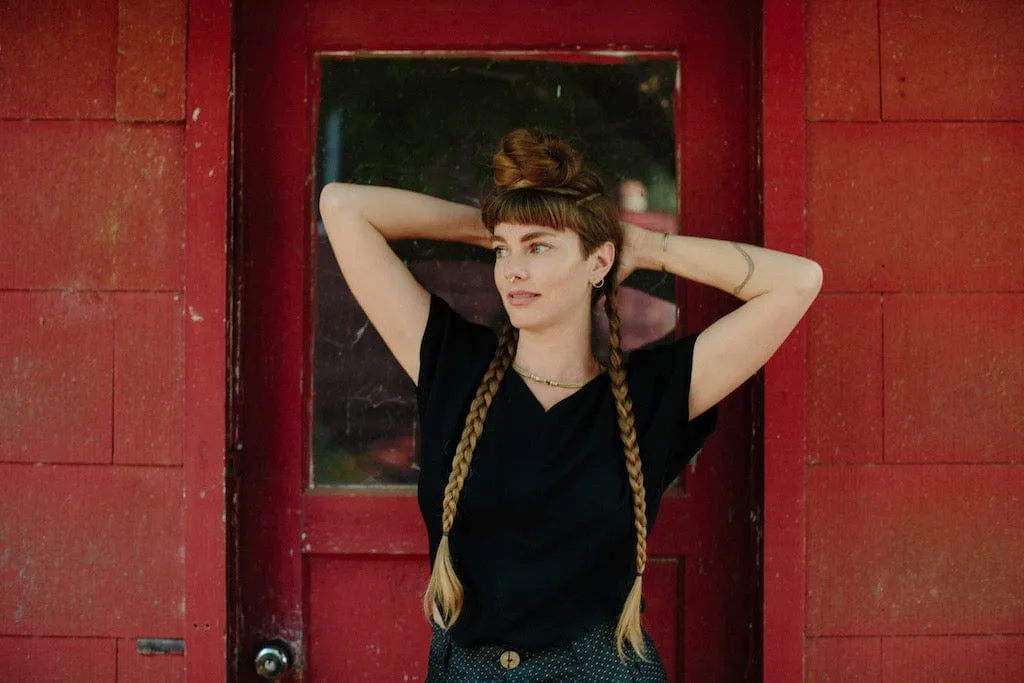 Dolman Top in Black Challis High Neckline Sustainable Sourcing Certified