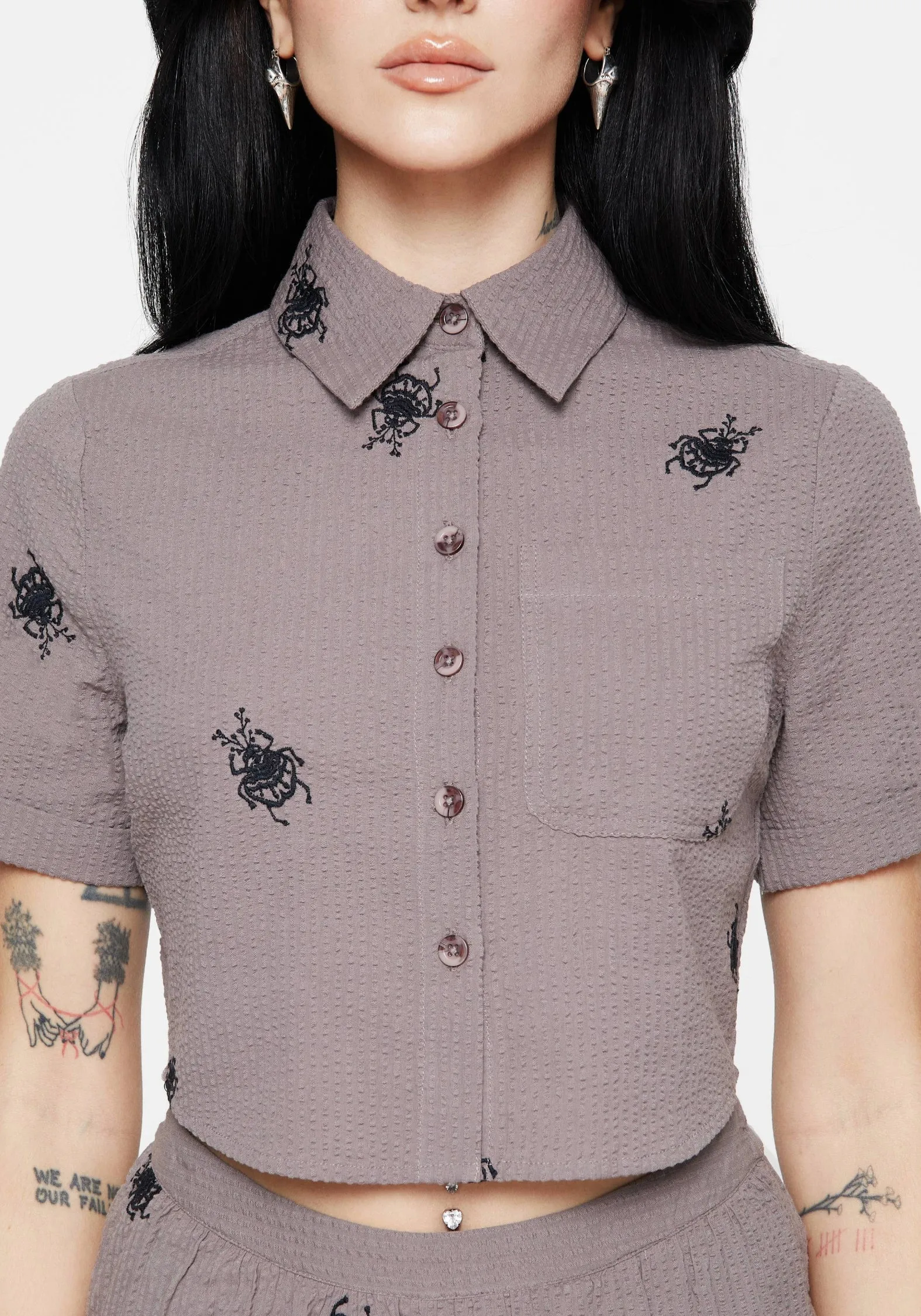 Bonded Seam Construction Stag Beetle Embroidered Button Up Shirt