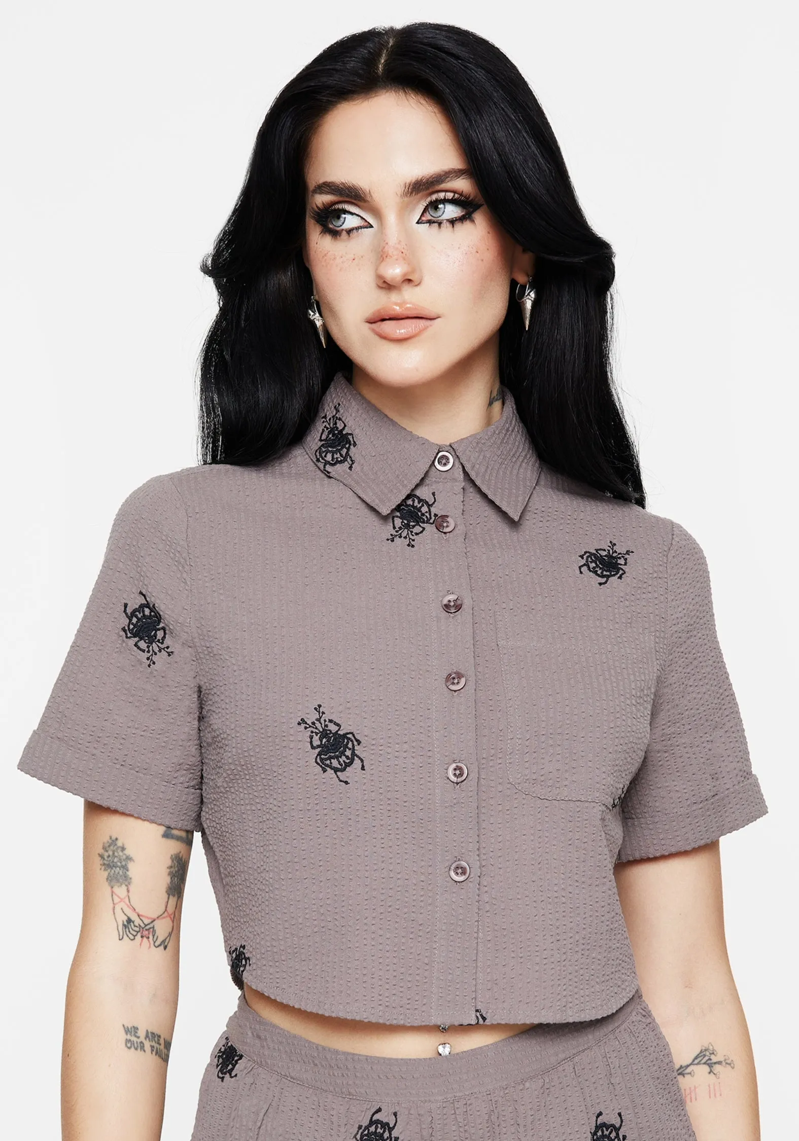 Stag Beetle Embroidered Button Up Shirt Winter Retreat