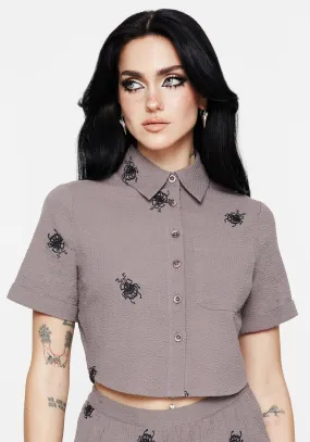 Stag Beetle Embroidered Button Up Shirt Winter Retreat