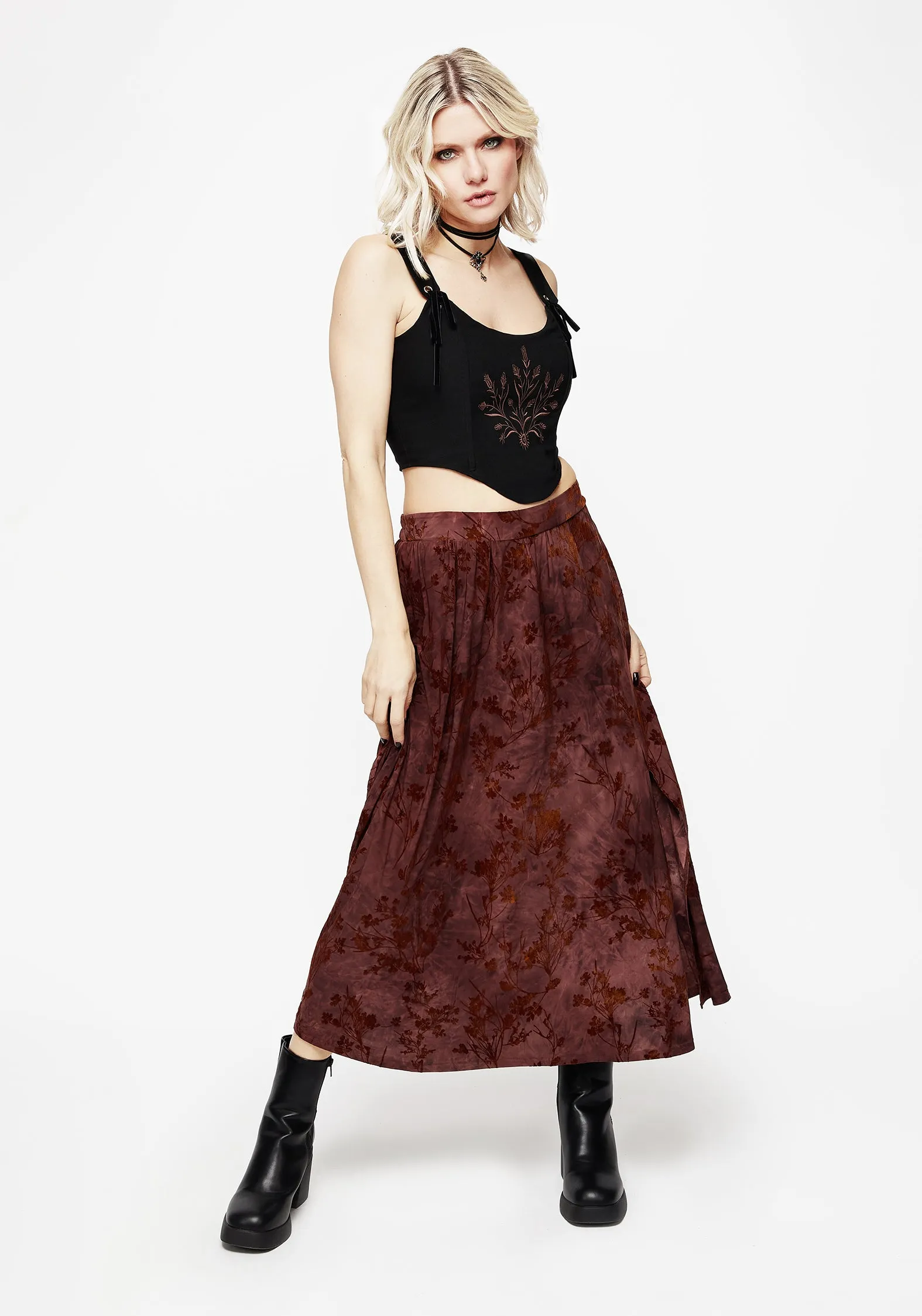Athleisure Inspired Simple Fashion Wytchelm Floral Flocked Velour Midaxi Skirt - Red