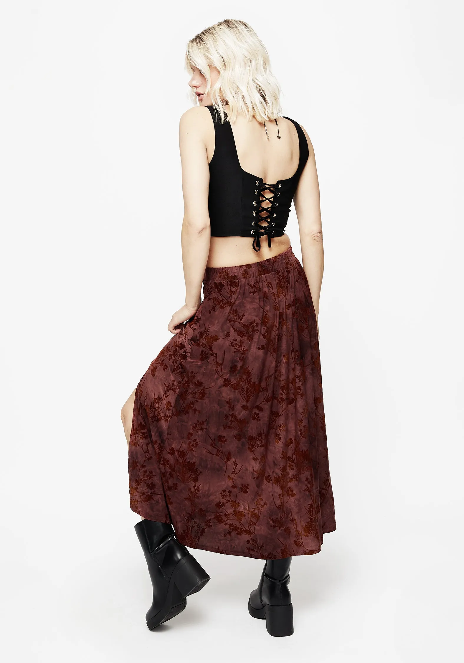 Wytchelm Floral Flocked Velour Midaxi Skirt - Red Satin feel Reinforced Pockets