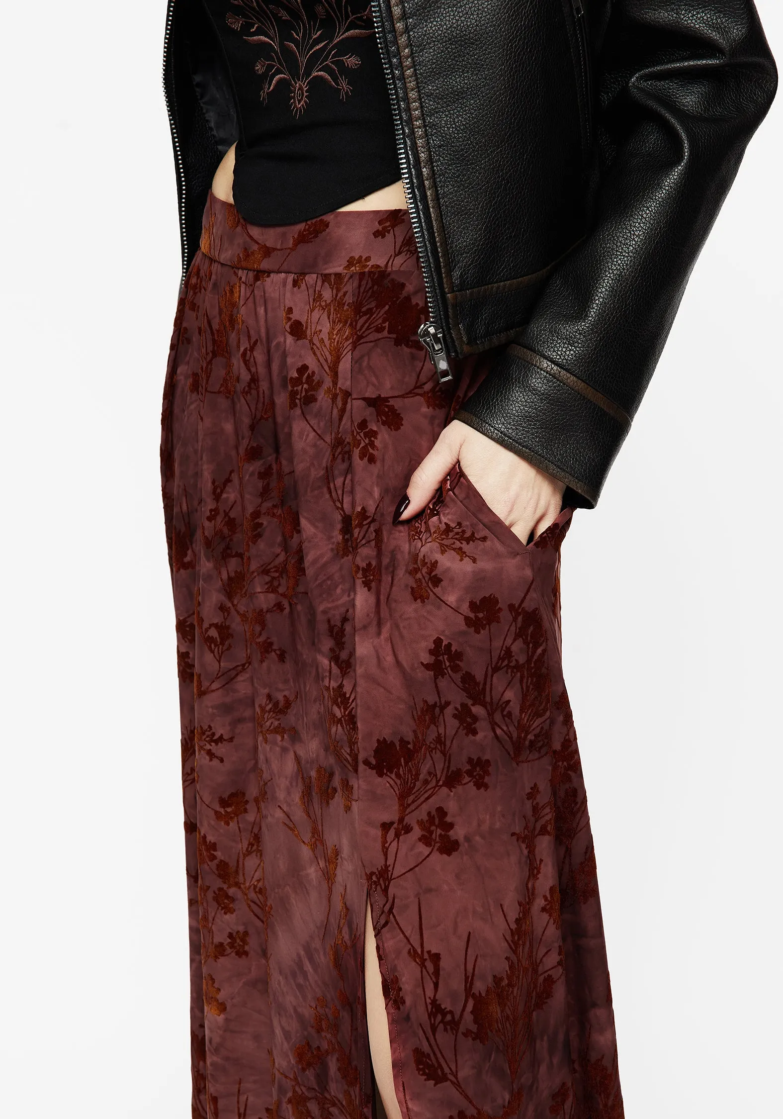 Wytchelm Floral Flocked Velour Midaxi Skirt - Red All Day