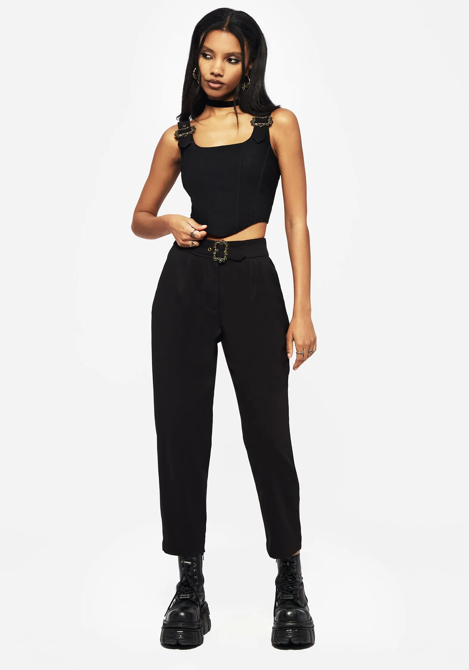 Minimalist Aesthetic Wrinkle Free Texture Elder Buckle Detail Corset Top