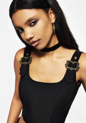 Elder Buckle Detail Corset Top SeamlessConstruction LatticeKnit