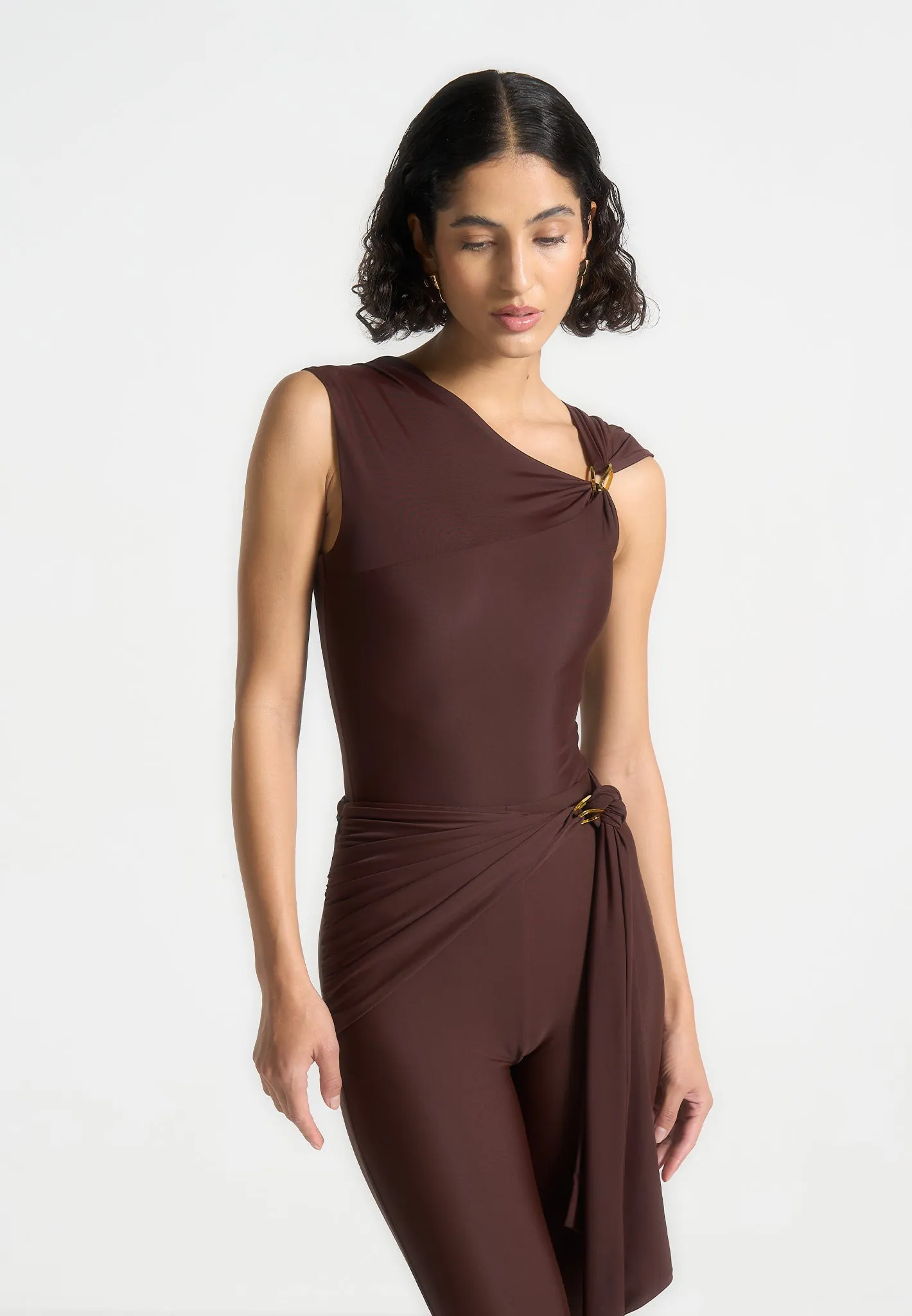 Zen Mode Draped Hardware Detail Leggings - Brown