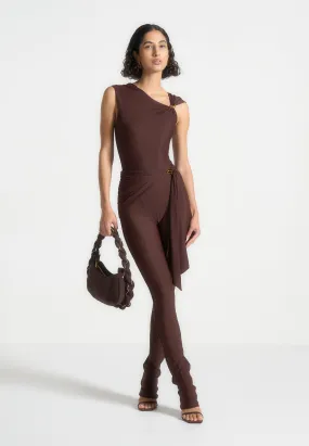 Draped Hardware Detail Leggings - Brown Petite Size Camping Gear