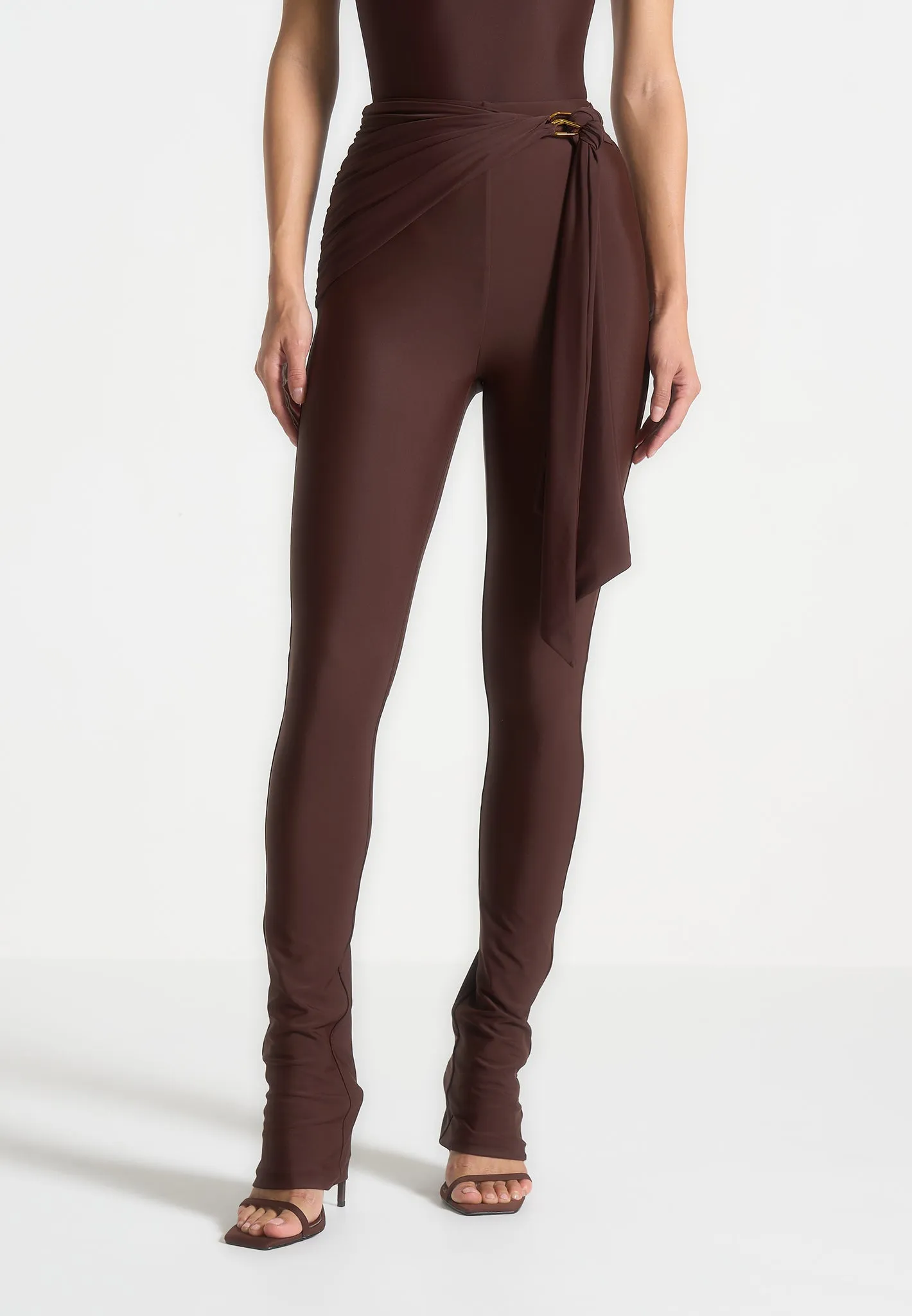 Draped Hardware Detail Leggings - Brown No Compression Rib Knit Comfort Seeker