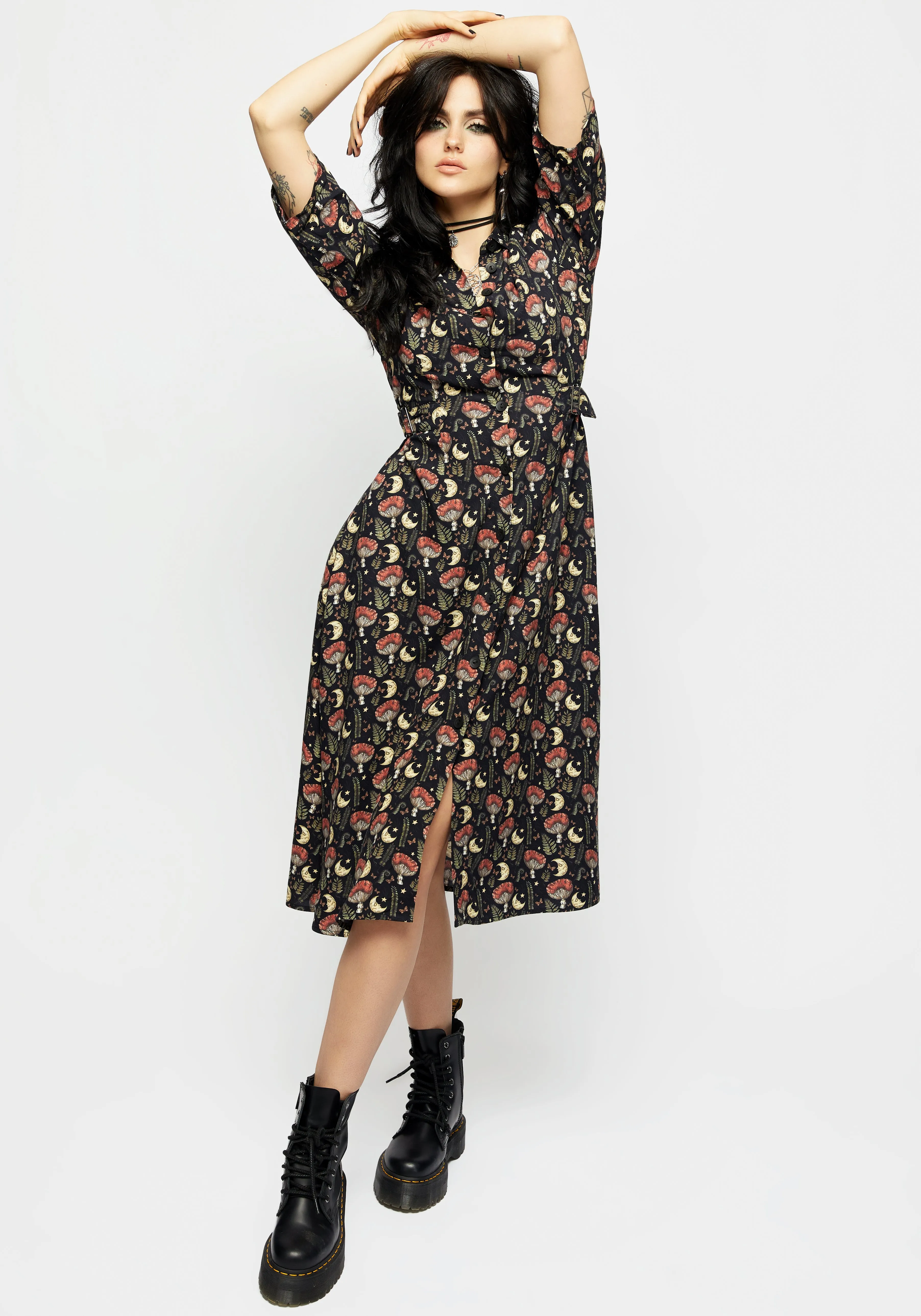 Daily Confidence Summer Staple Dreamfast Mushroom Moon Print Midi Shirt Dress
