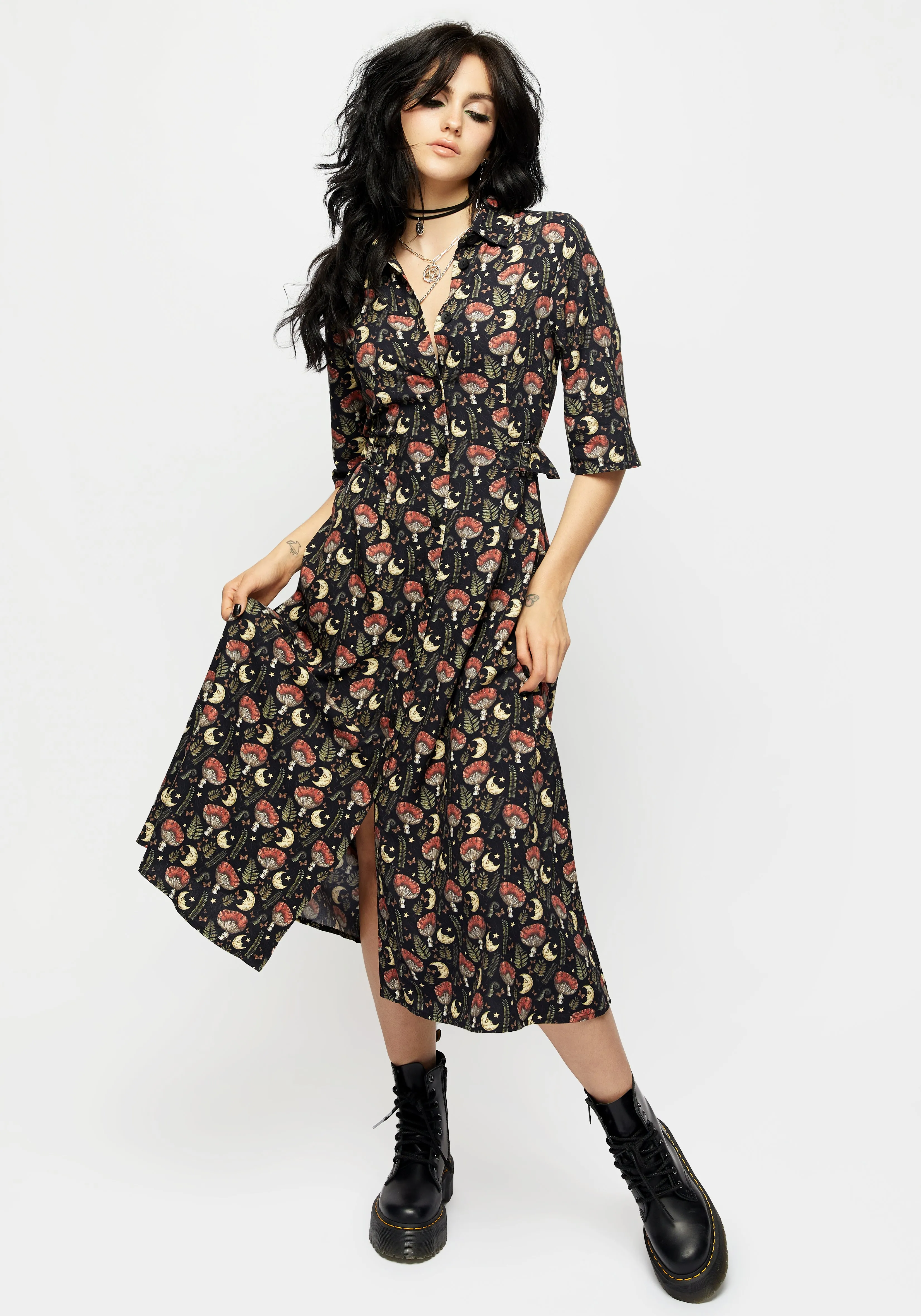 Dreamfast Mushroom Moon Print Midi Shirt Dress Feminine Look