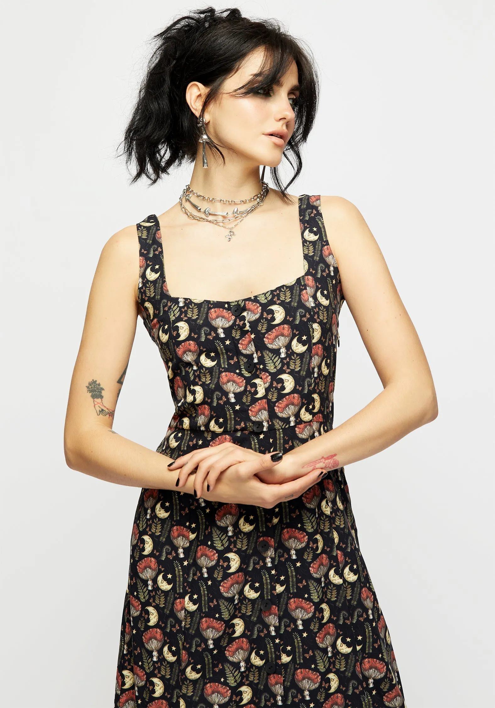 ReinforcedHem Dreamfast Mushroom Moon Print Square Neck Midi Dress