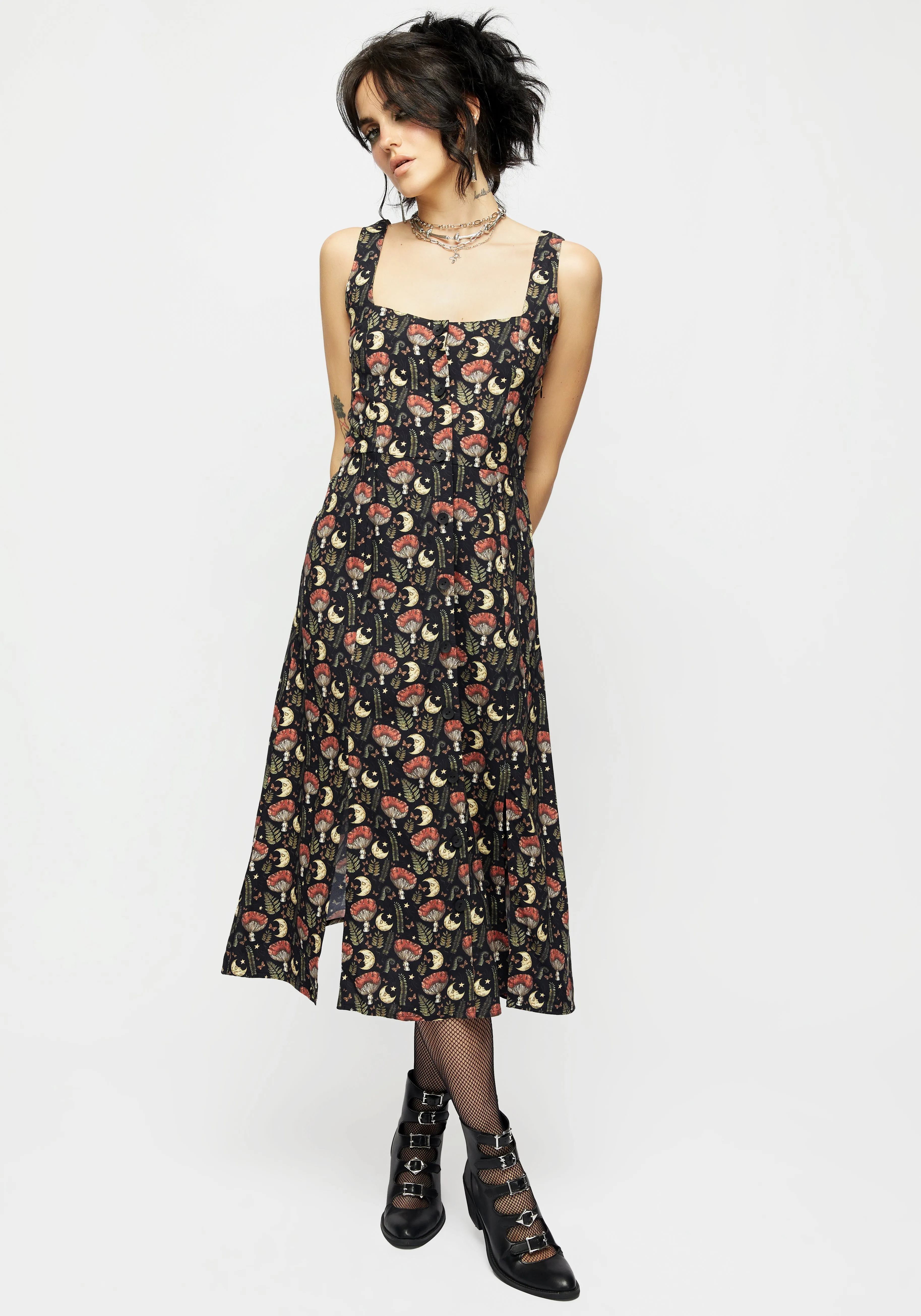 Trend-Inspired High-Low-Hem Dreamfast Mushroom Moon Print Square Neck Midi Dress