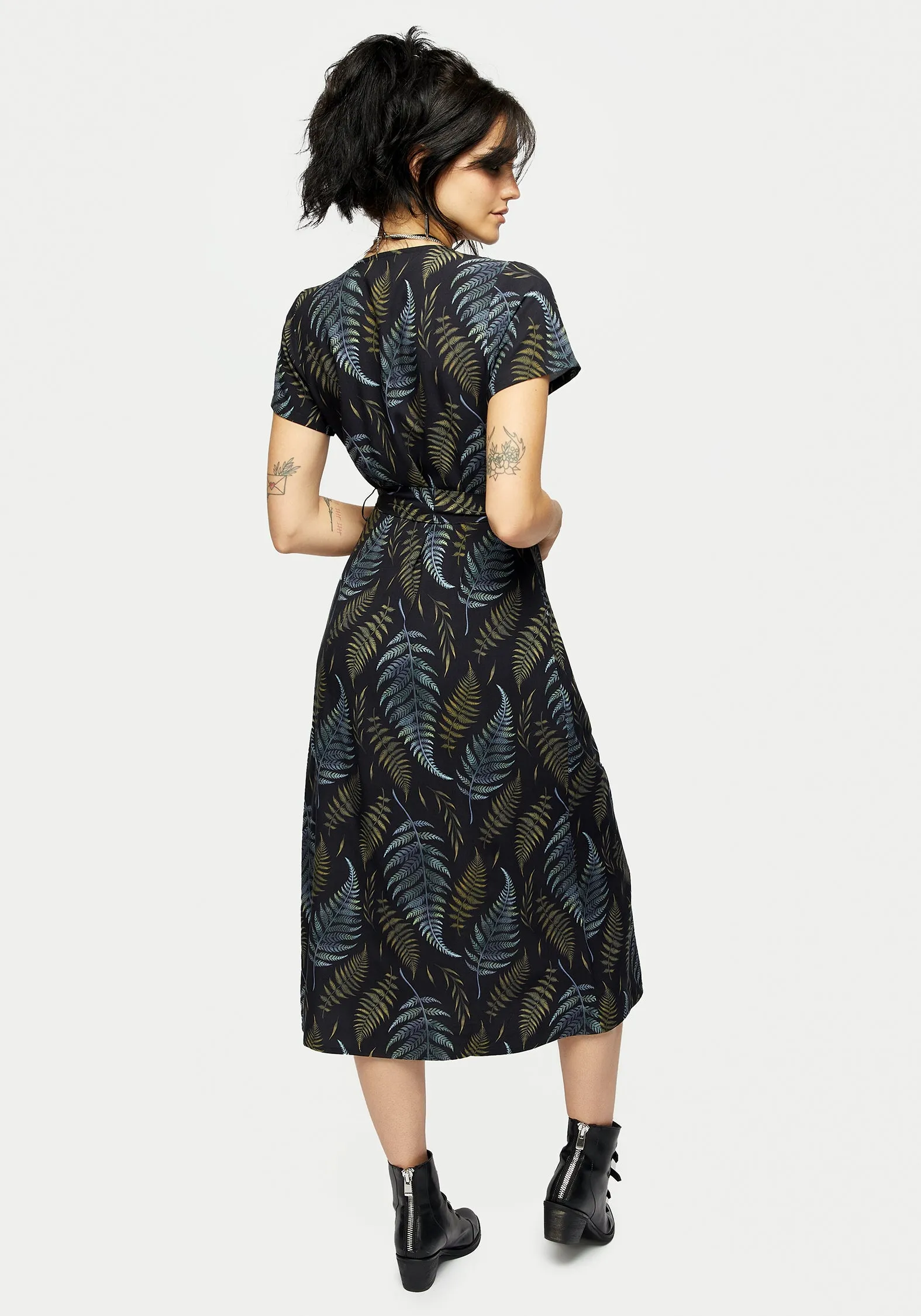 Frond Print Faux Wrap Midi Dress Chill Edge Moment Light