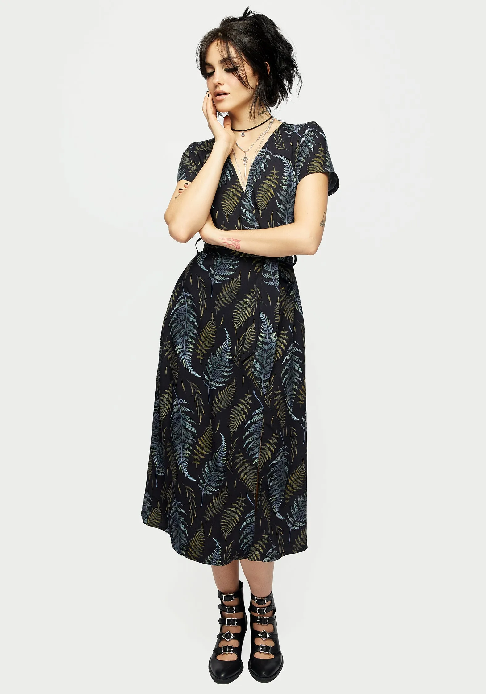 Frond Print Faux Wrap Midi Dress Texture Softness