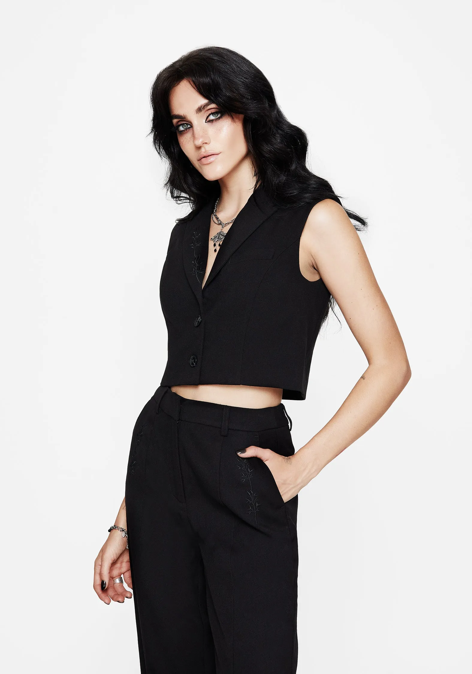 Thora Embroidered Crop Waistcoat Simple Cut Loose Blouse